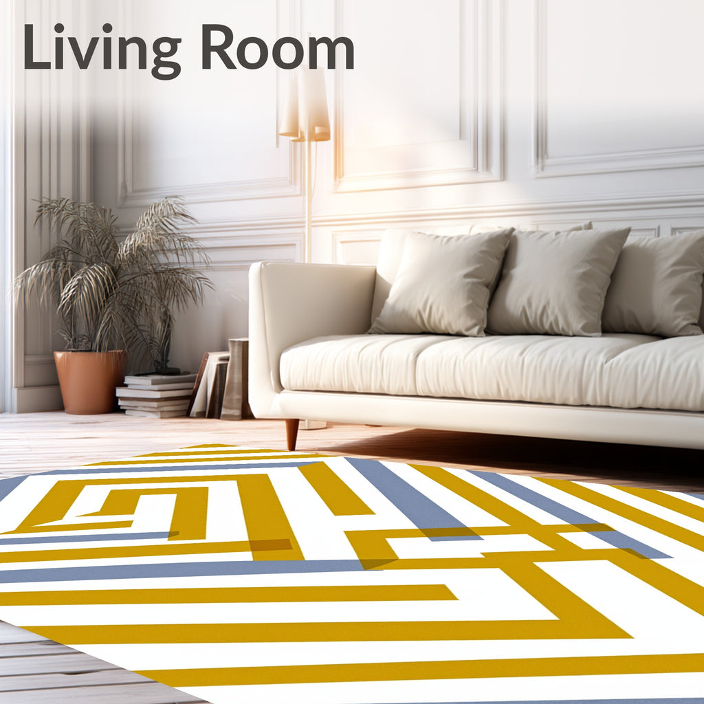 Gold And Blue Geometric Maze Rug