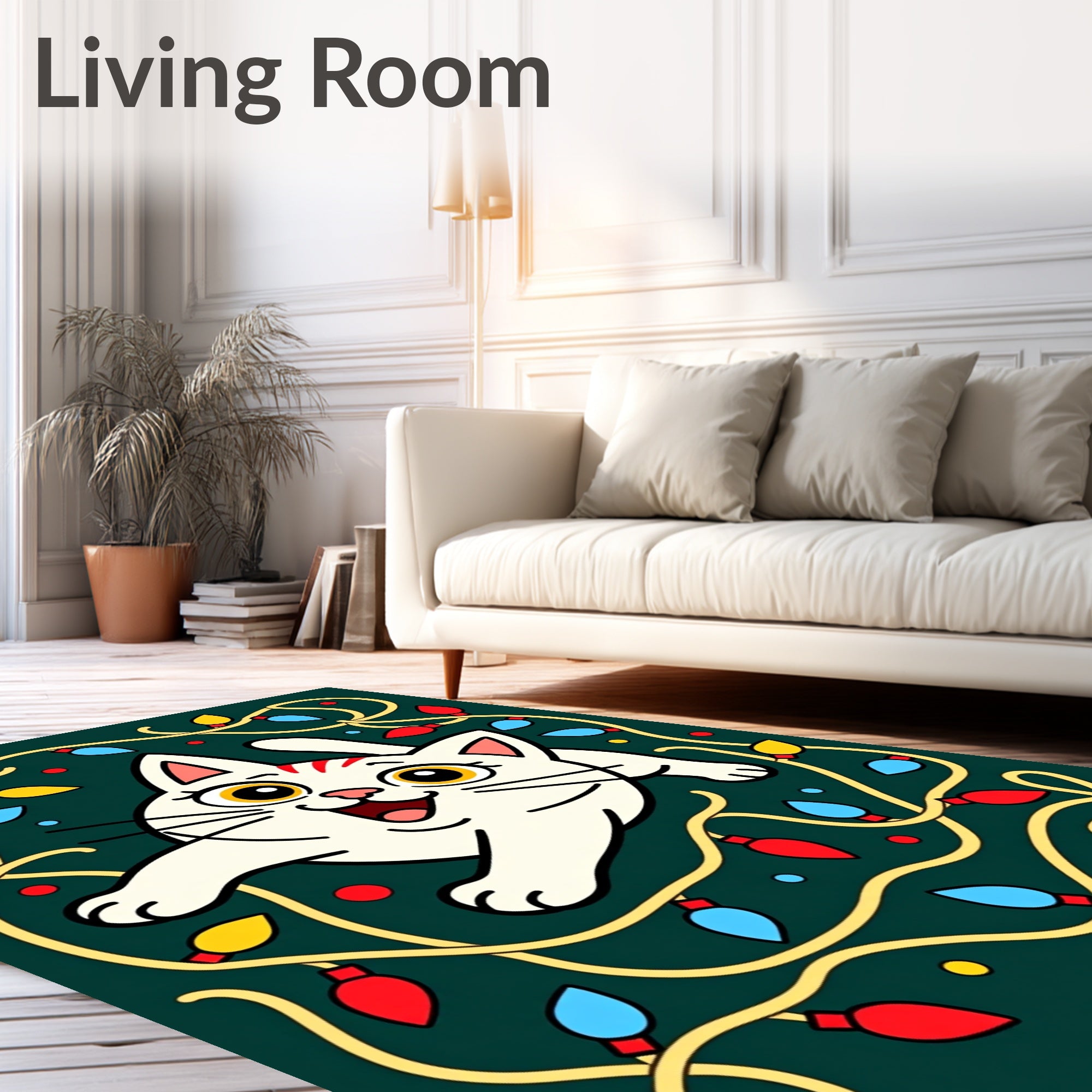 Playful White Cat Christmas Lights Rug