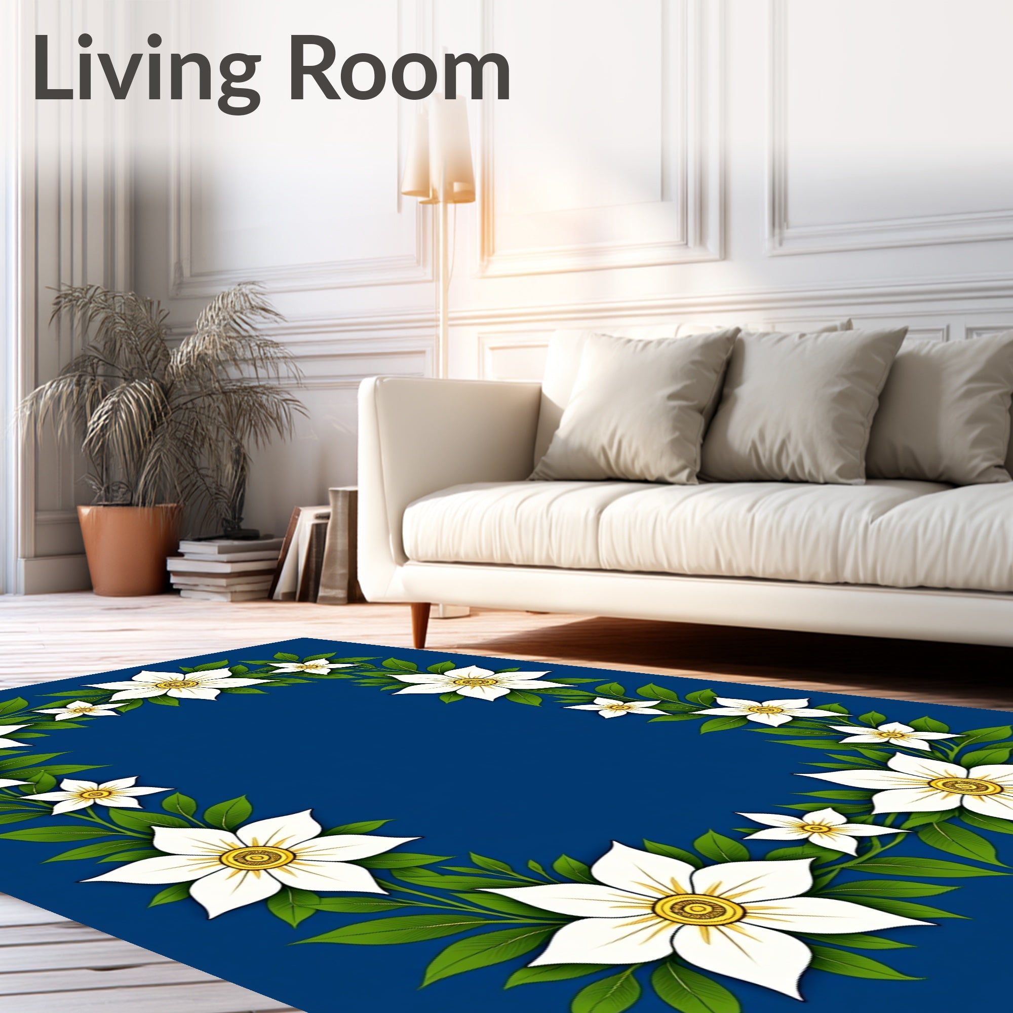 White Floral Border Blue Background Rug