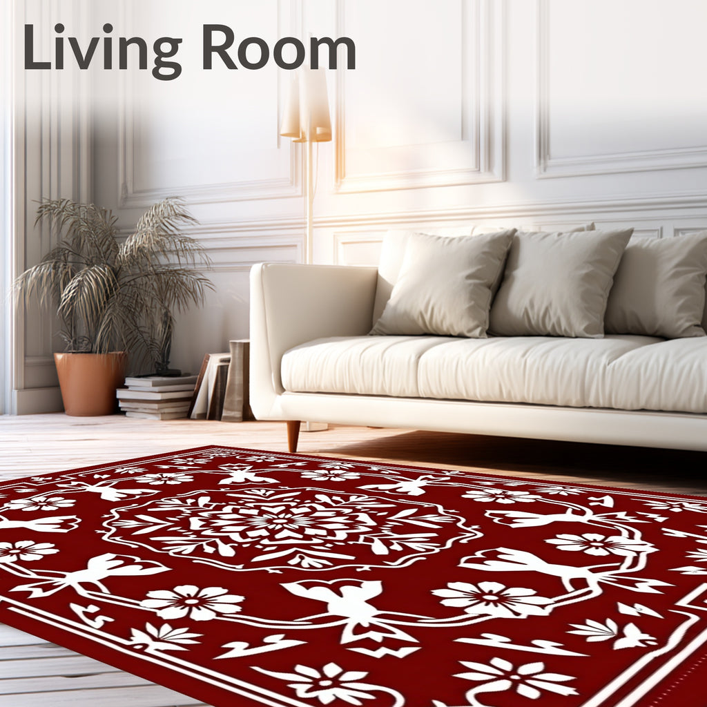Deep Red Floral Mandala Medallion Rug