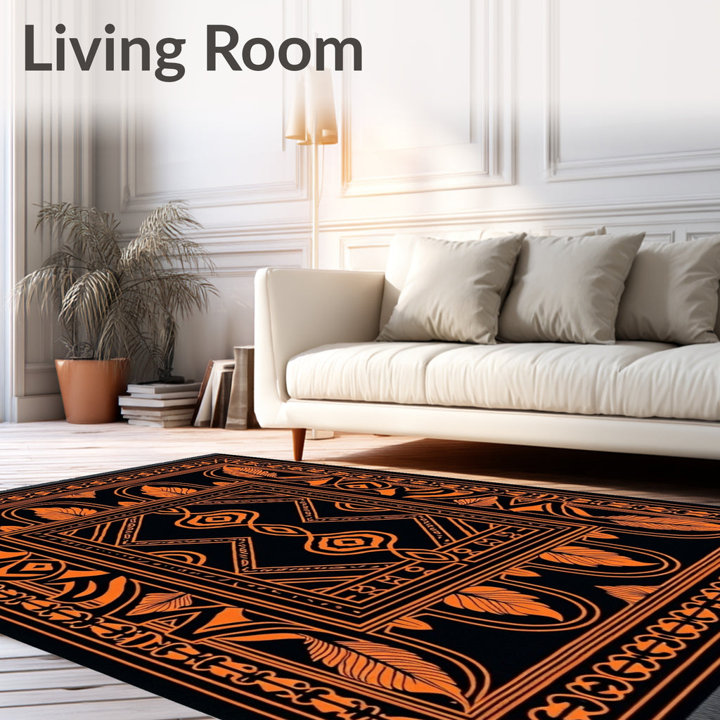 Black Orange Art Deco Feather Medallion Rug