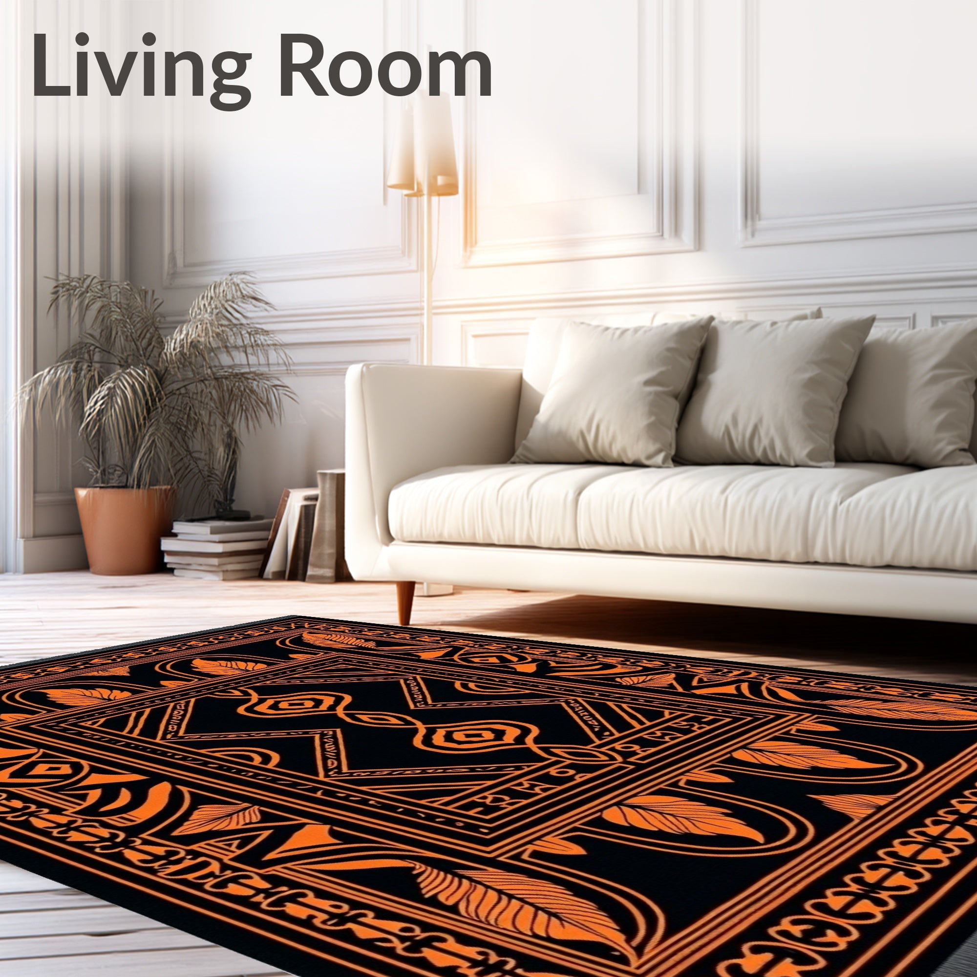 Black Orange Art Deco Feather Medallion Rug