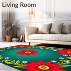 Vibrant Red Floral Garland Teal Rug