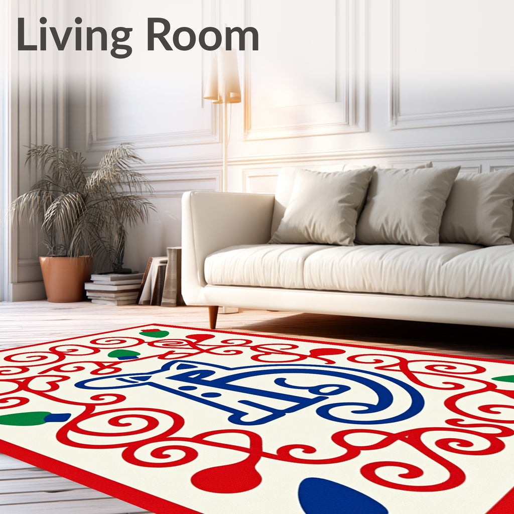 Bold Blue Cat Red Swirls Lights Rug