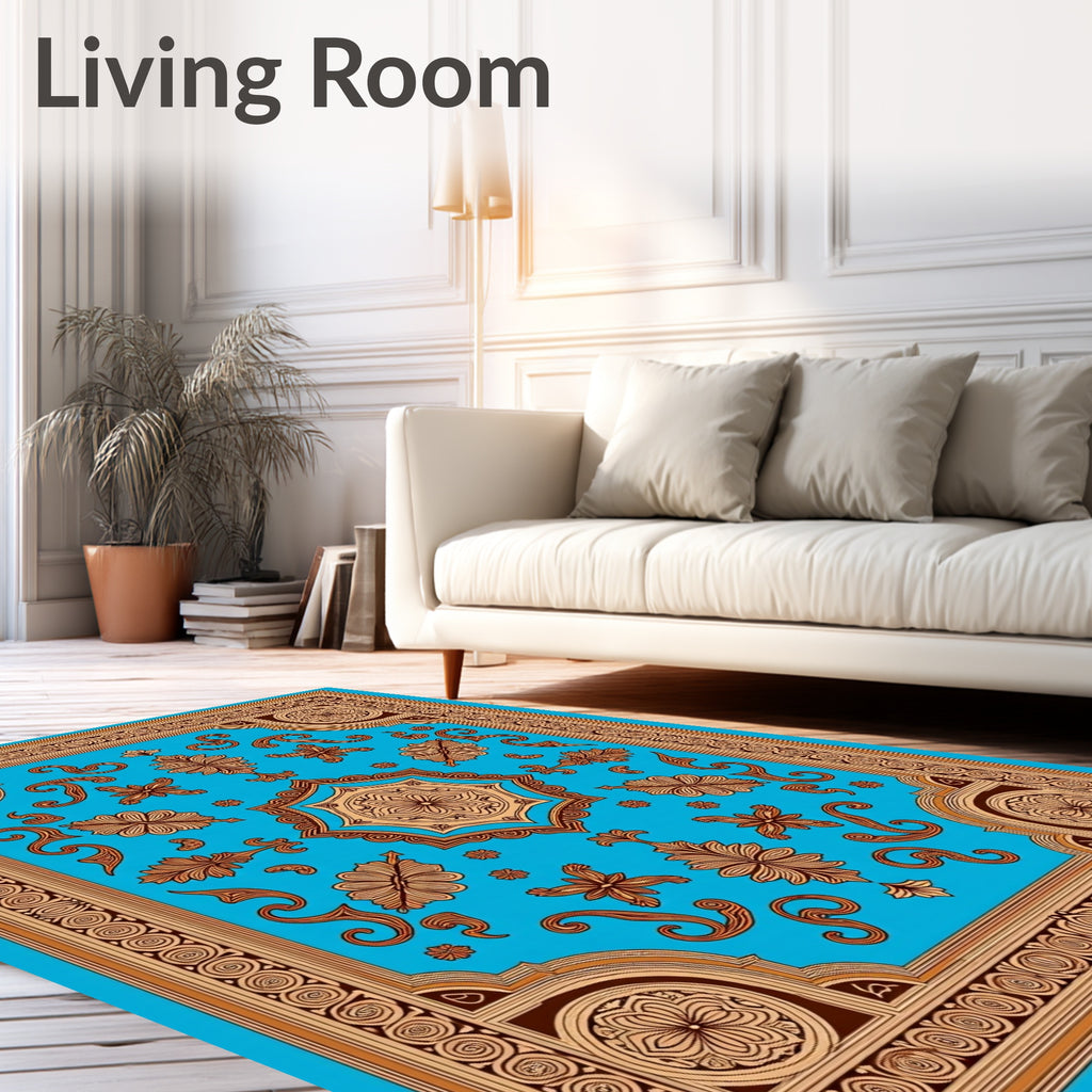 Vibrant Blue Golden Floral Medallion Rug