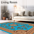 Vibrant Blue Golden Floral Medallion Rug