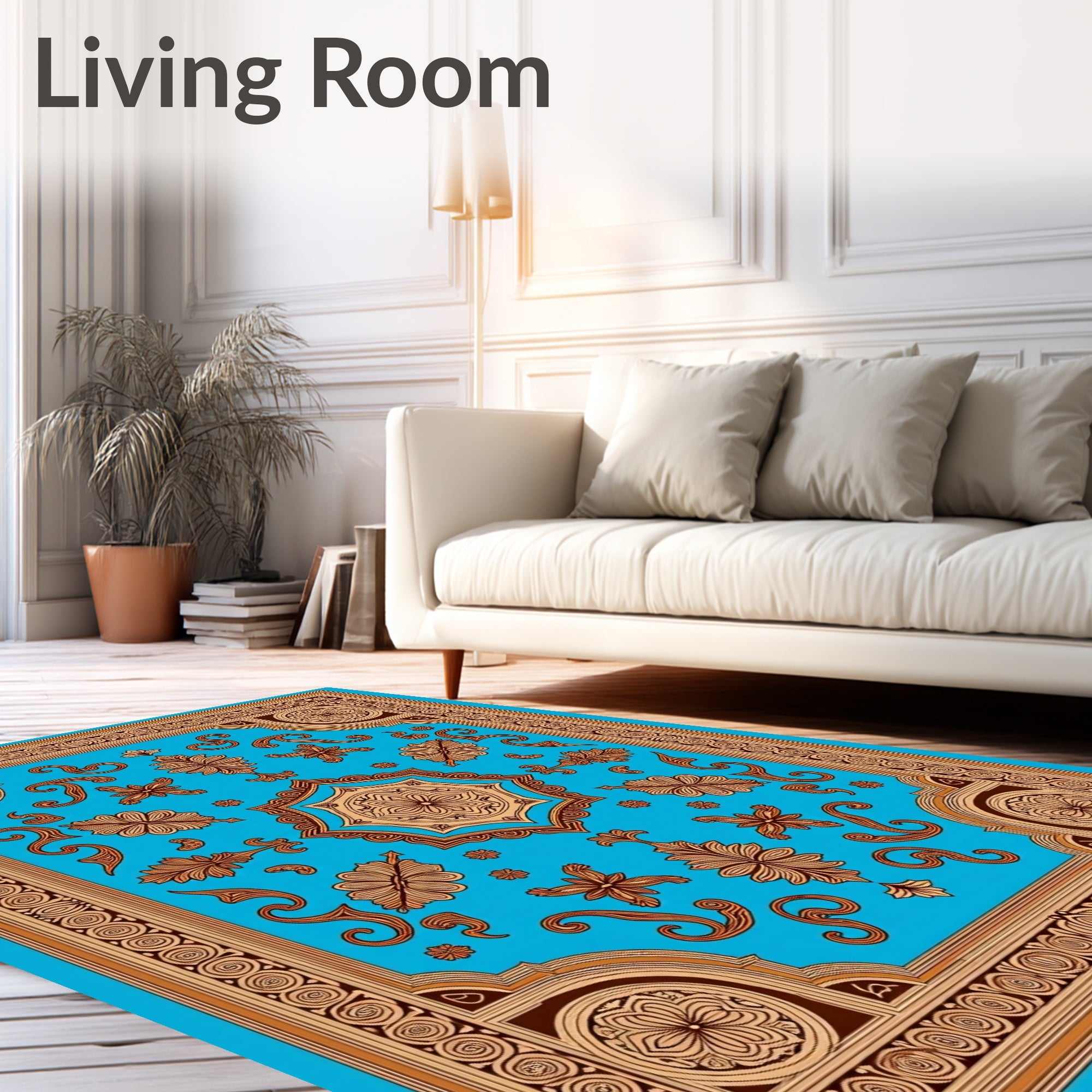 Vibrant Blue Golden Floral Medallion Rug