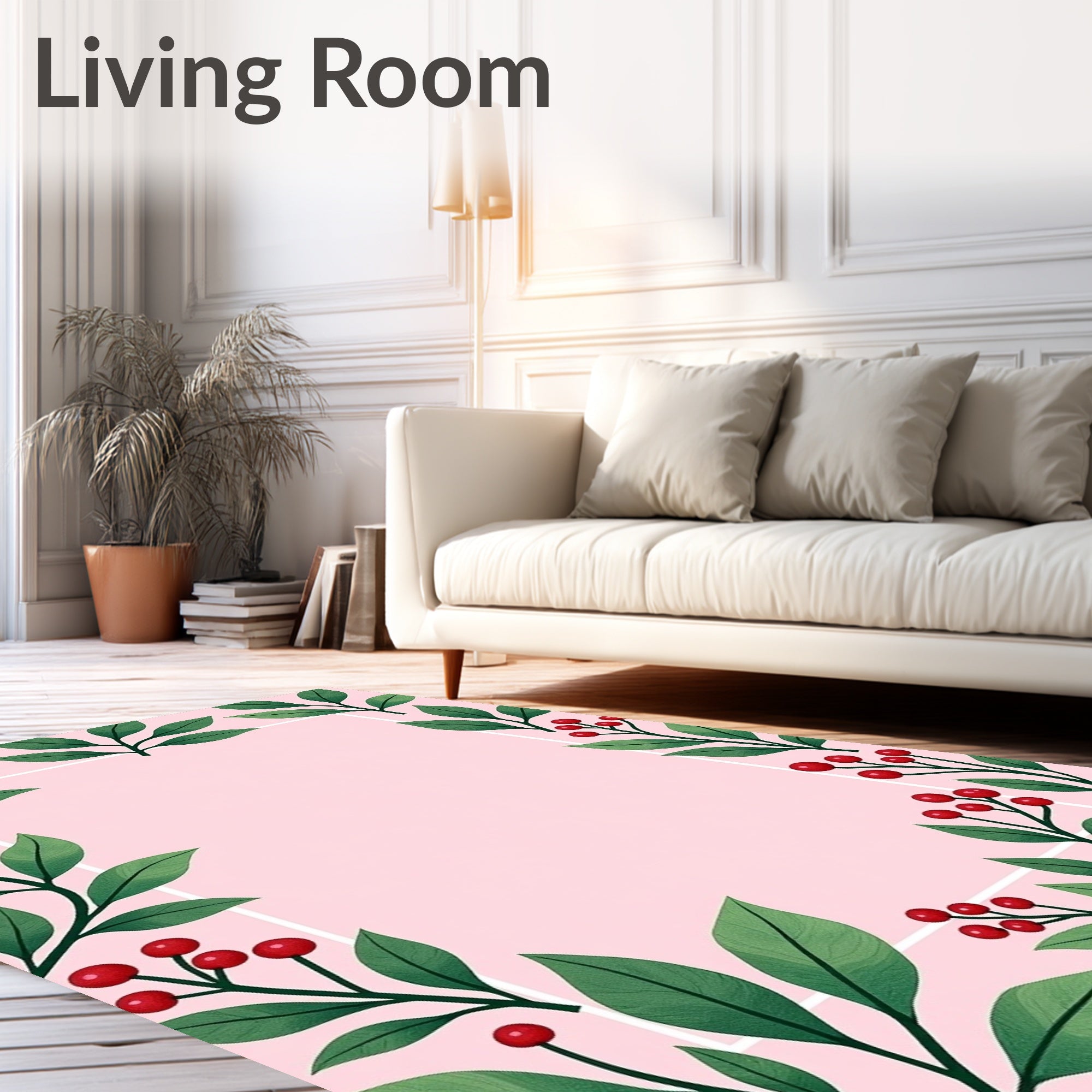 Pink Botanical Red Berry Leaf Border Rug