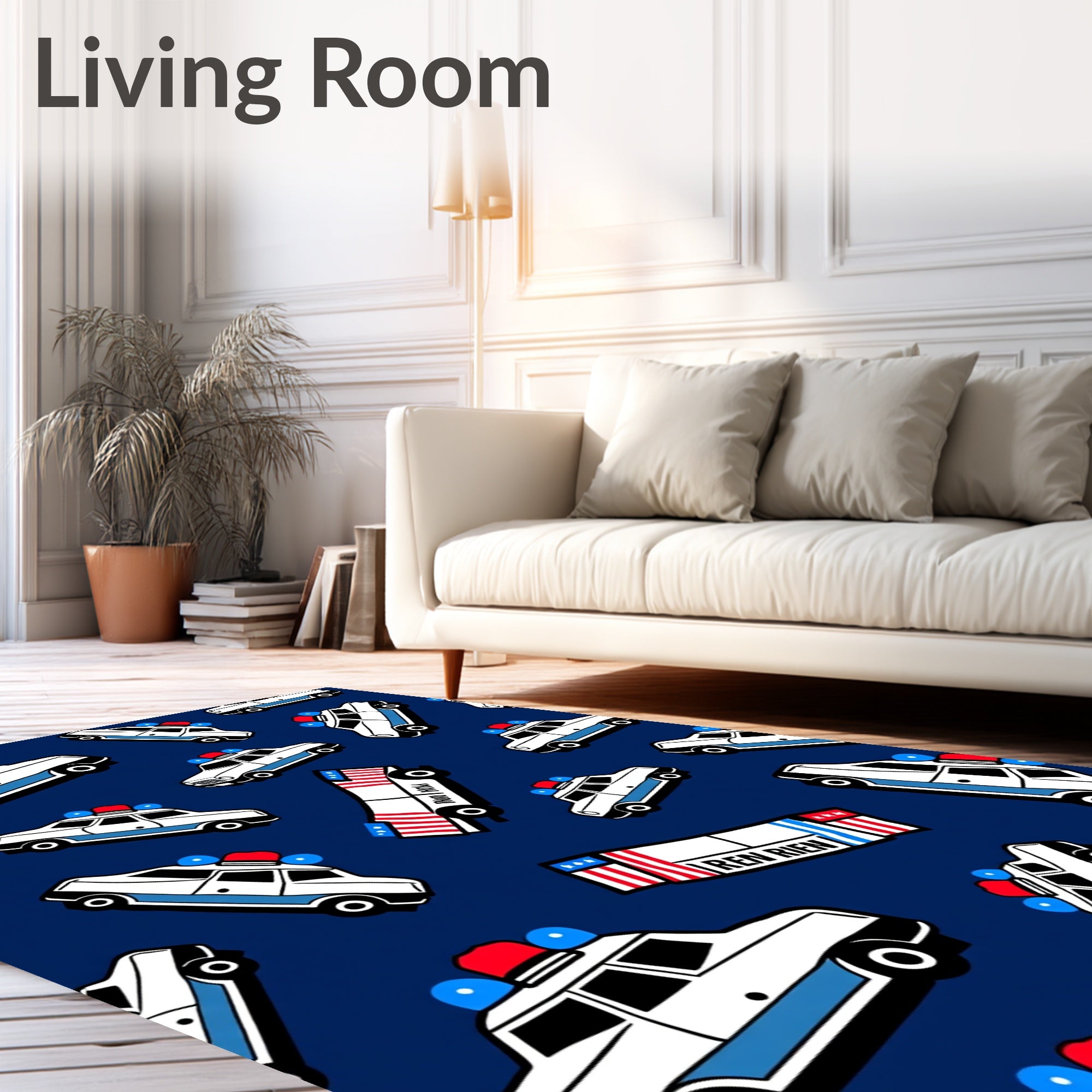 Whimsical Police Cars Blue Background Rug