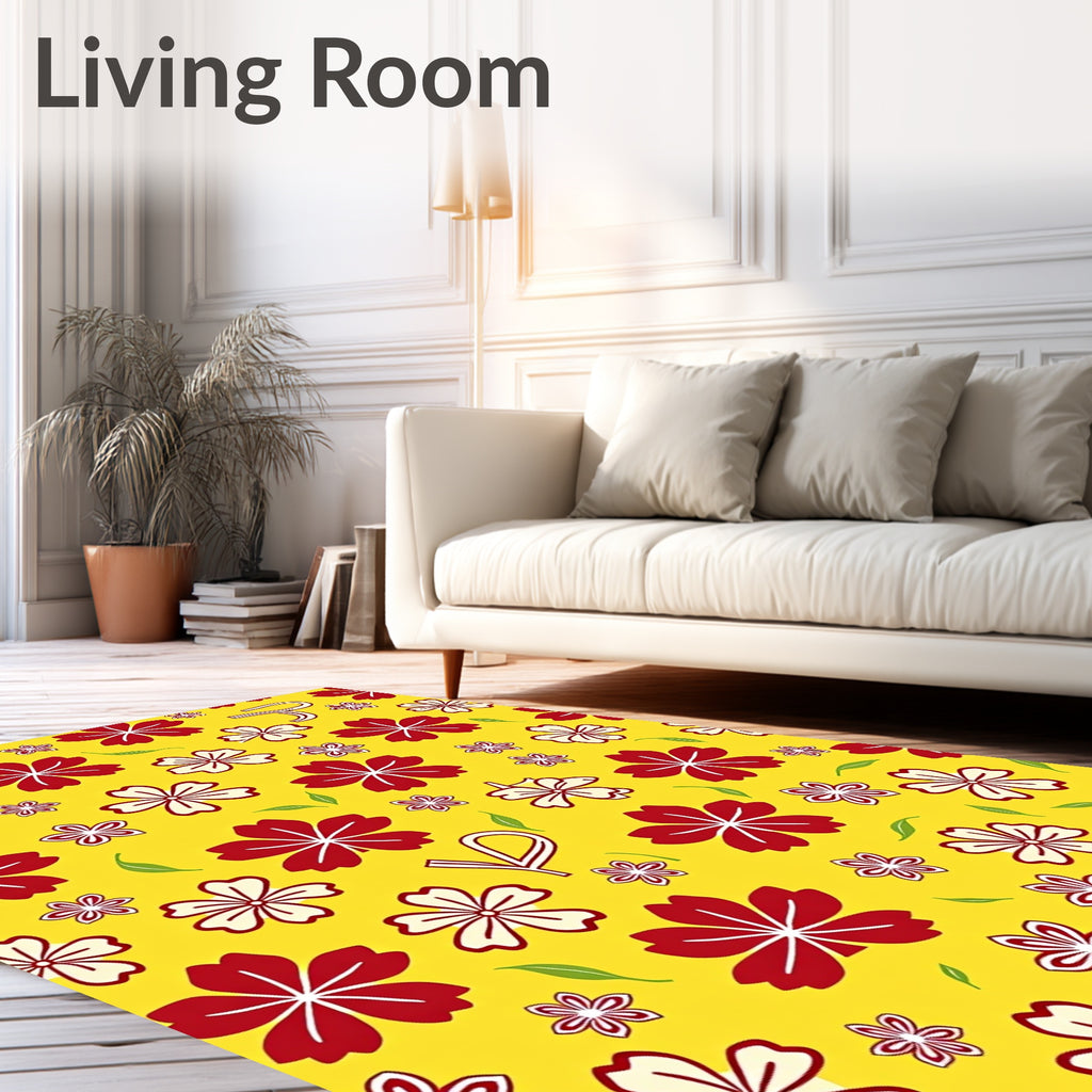 Red White Floral Bright Yellow Background Rug