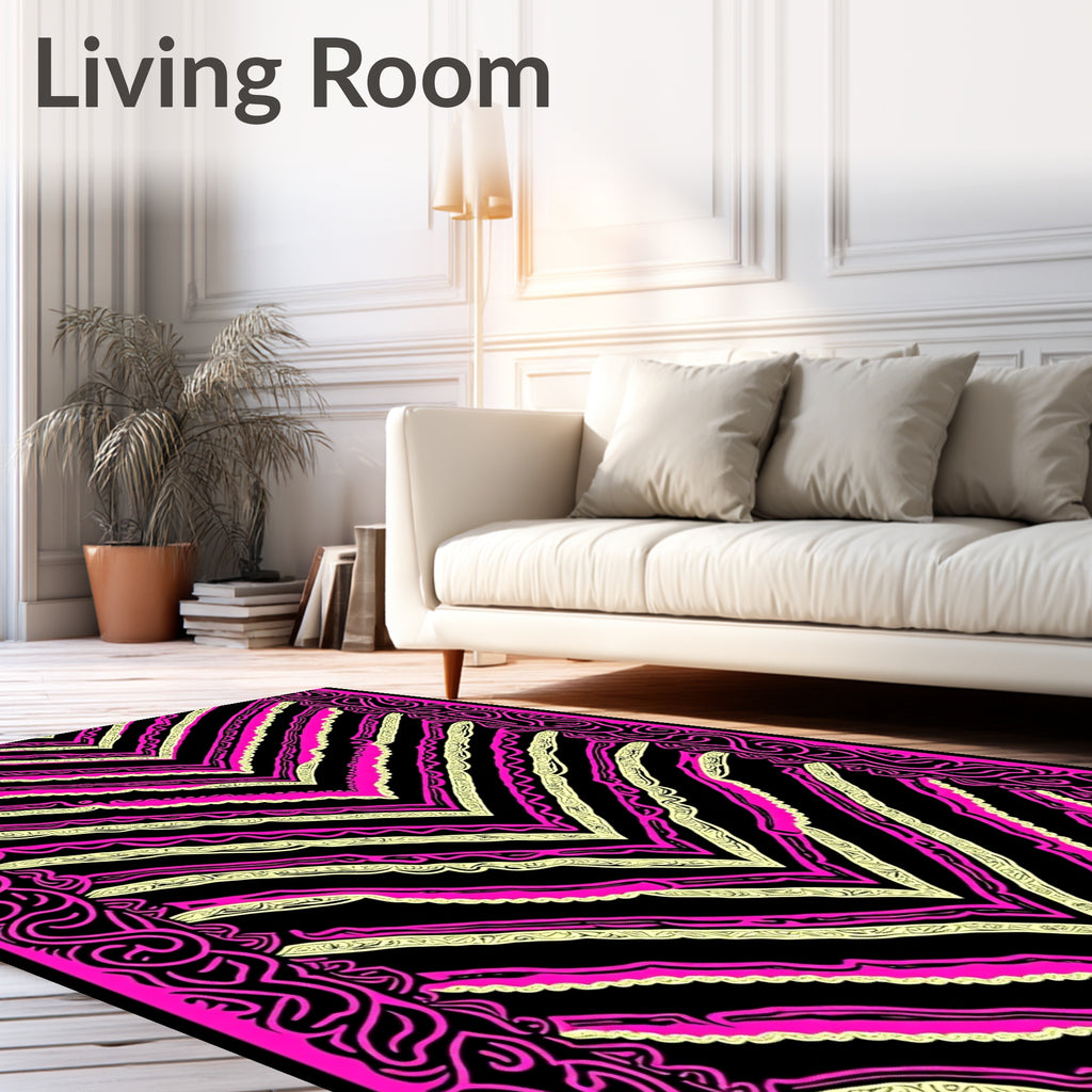 Pink Black Chevron Abstract Border Area Rug