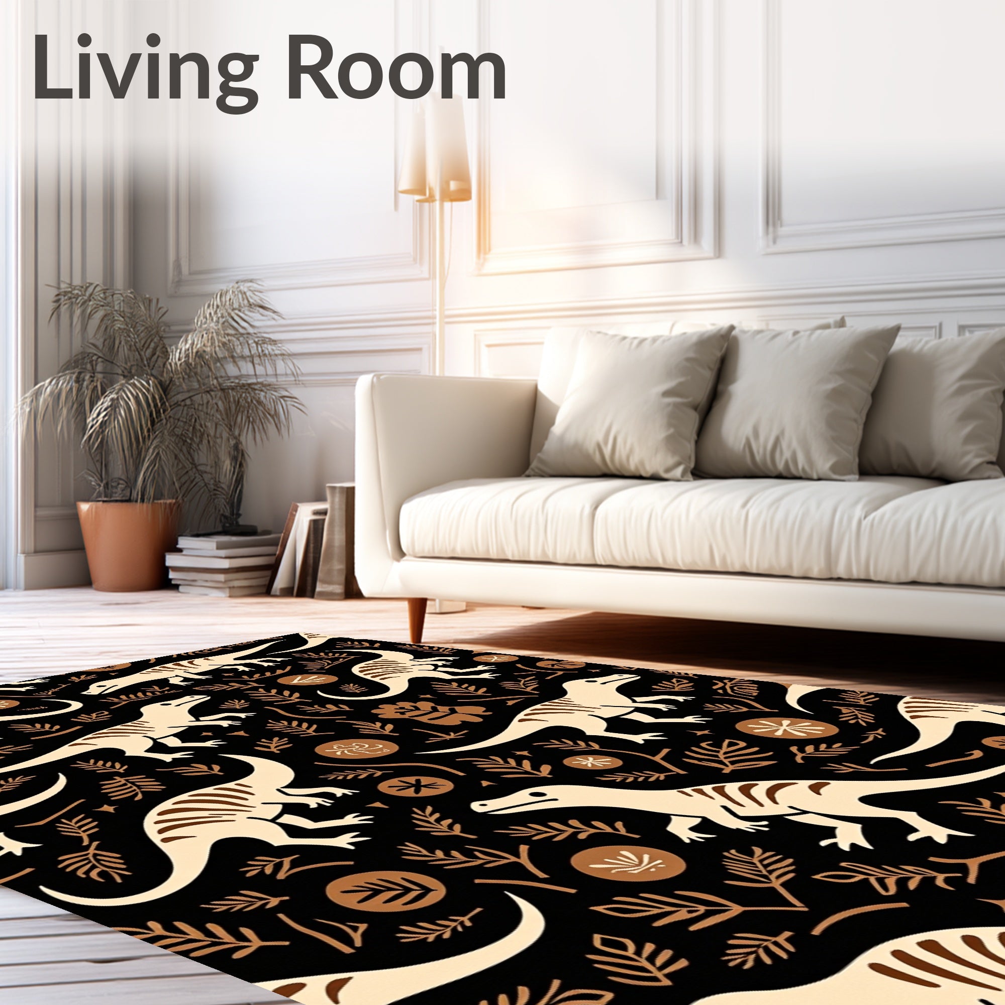 Beige Dinosaurs And Brown Foliage Rug