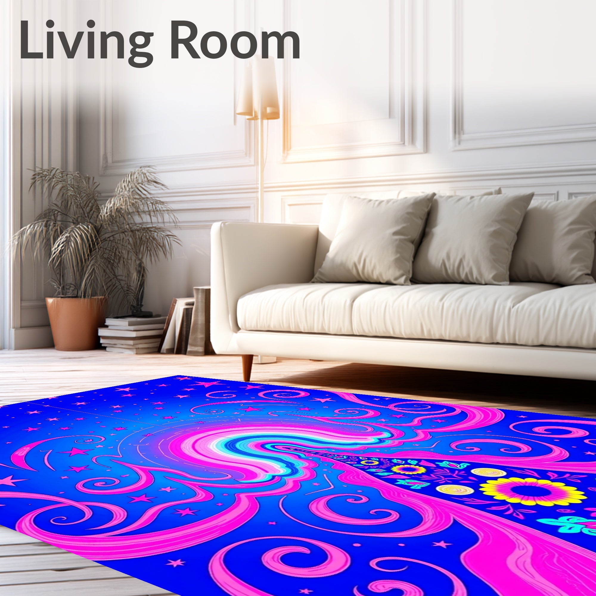 Vibrant Pink Starry Rainbow Swirl Rug