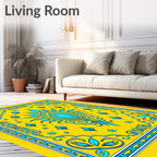 Bright Yellow Aqua Floral Crest Rug