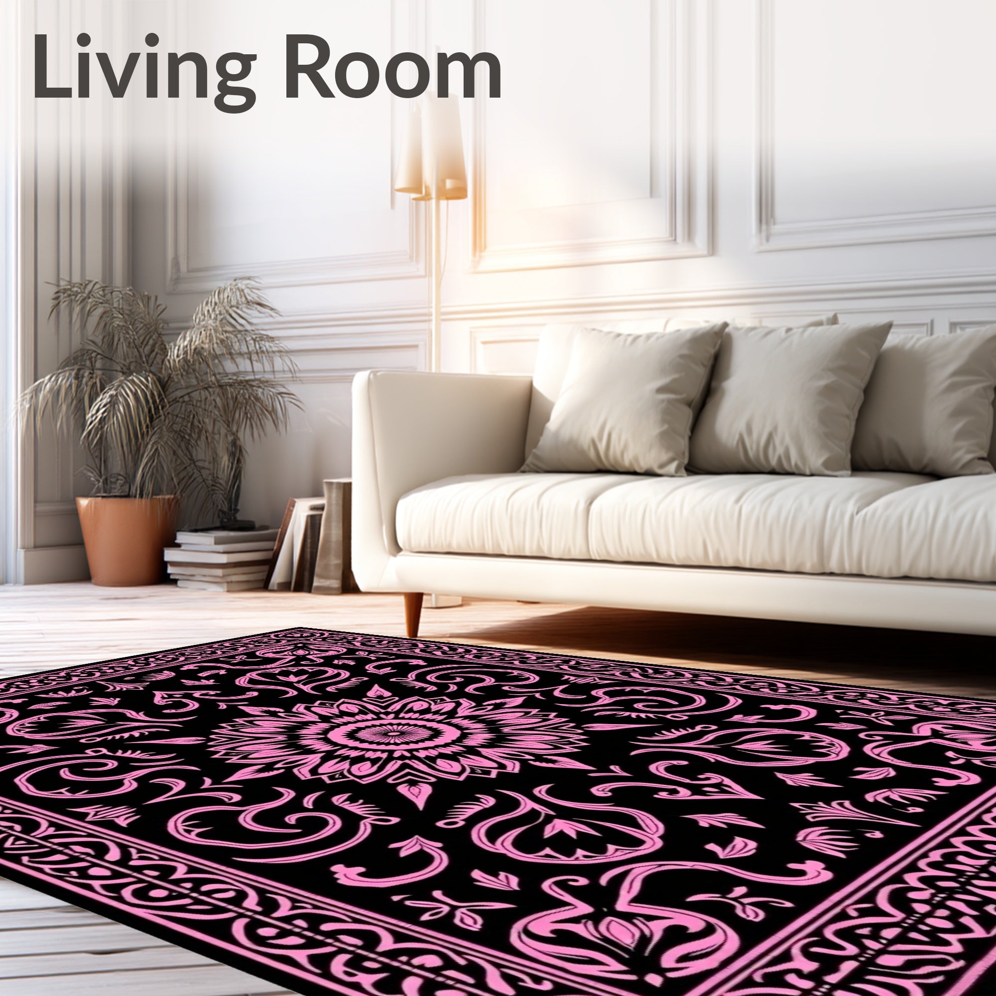 Black Pink Floral Medallion Rug
