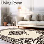 Elegant Cream and Black Medallion Border Rug