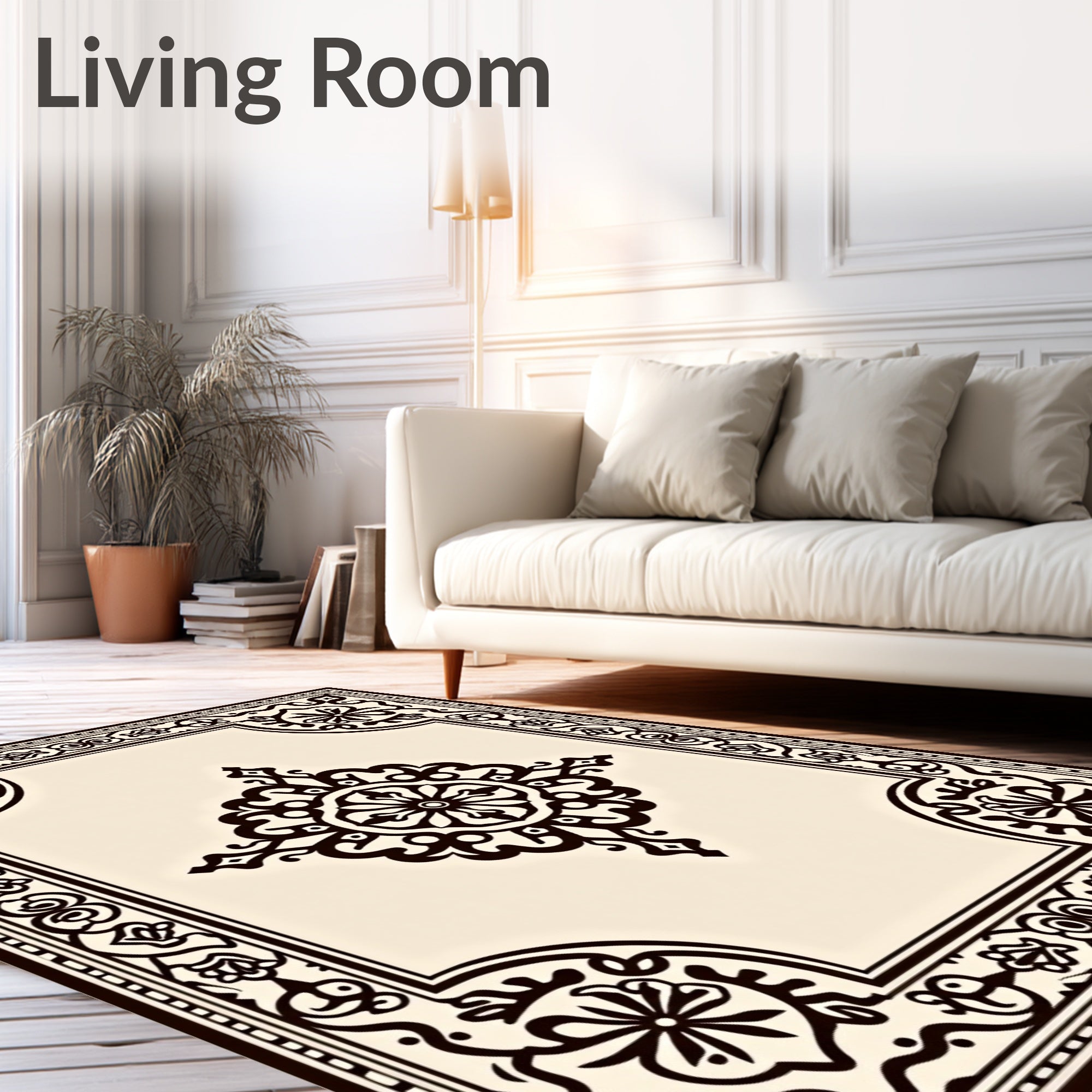 Elegant Cream and Black Medallion Border Rug