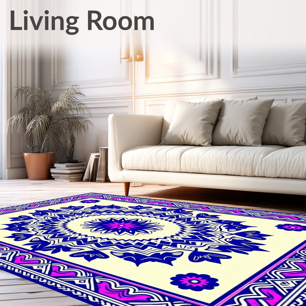 Vibrant Blue Floral Medallion Border Rug