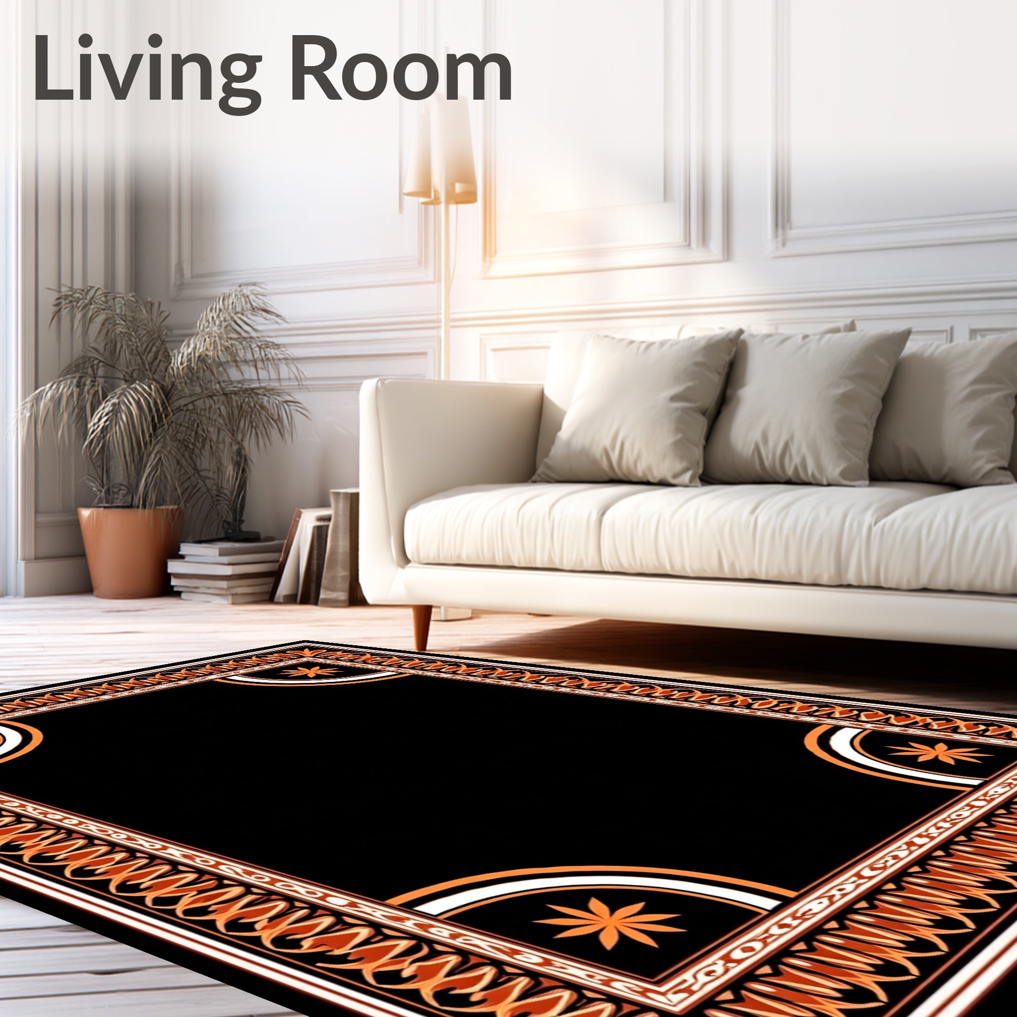 Ornate Orange and Black Medallion Frame Rug