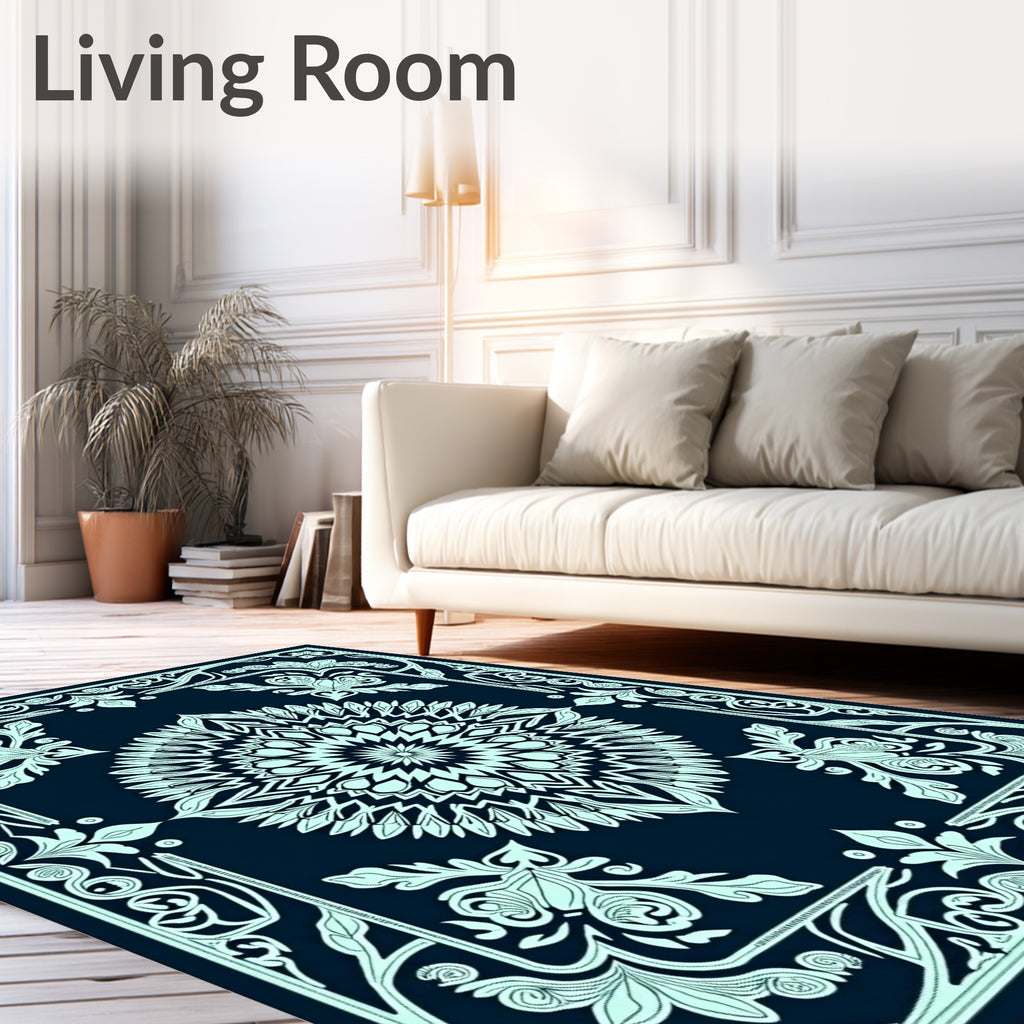 Navy Mint Leaf Mandala Rug
