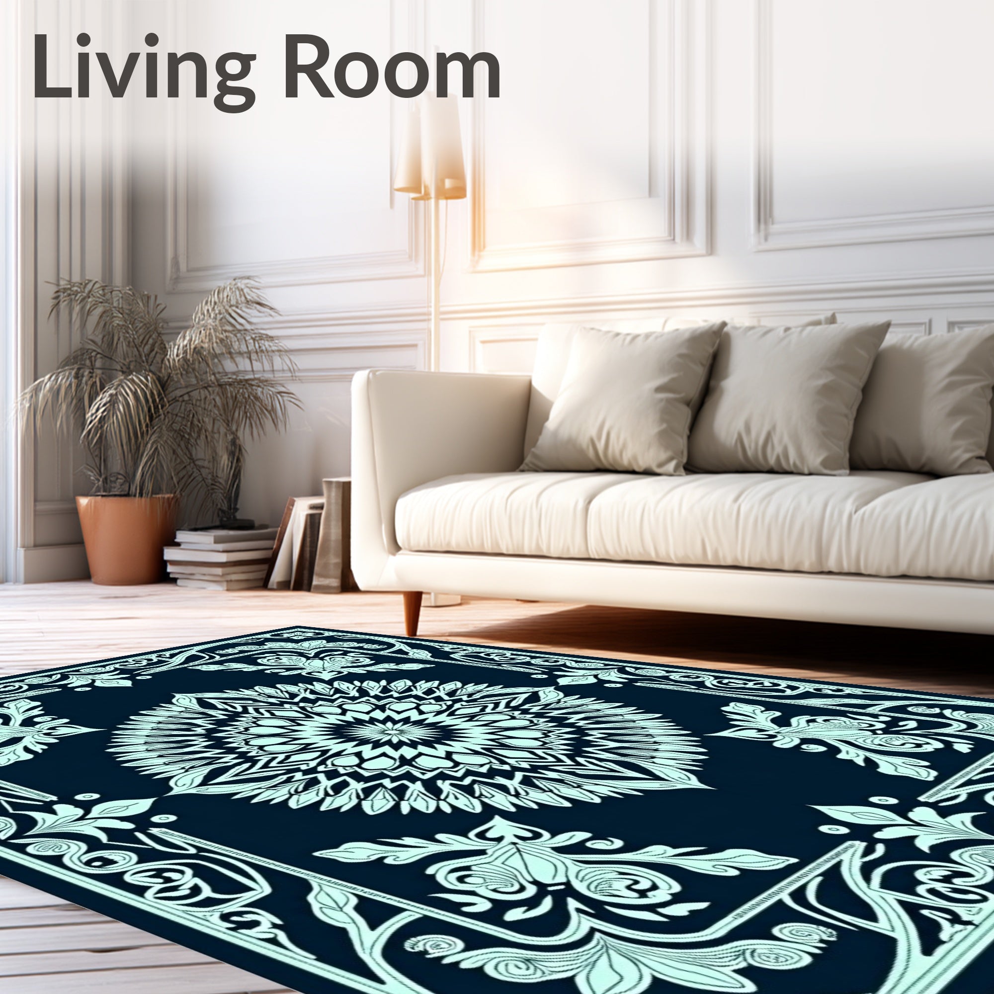 Navy Mint Leaf Mandala Rug
