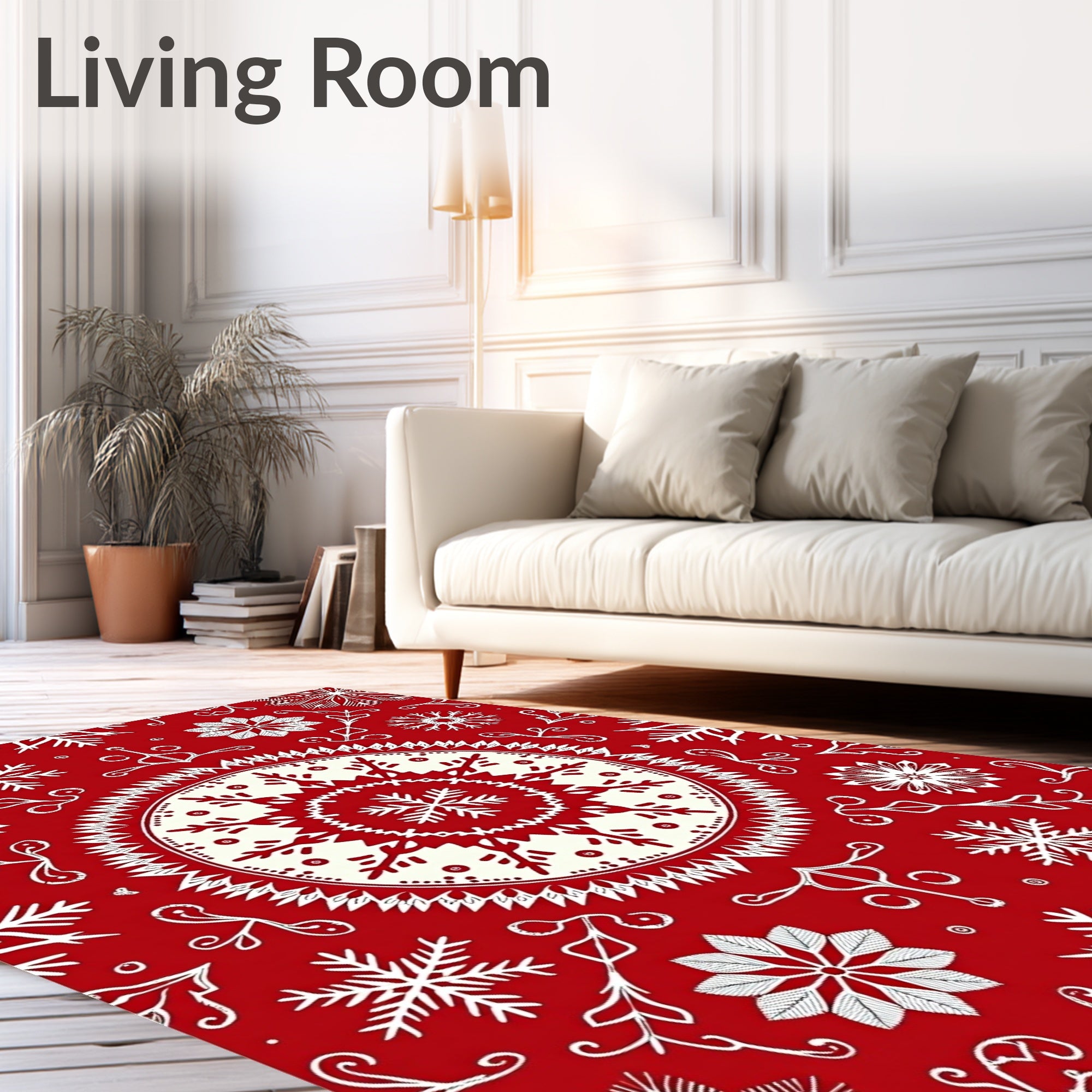 Crimson Ivory Snowflake Mandala Medallion Rug