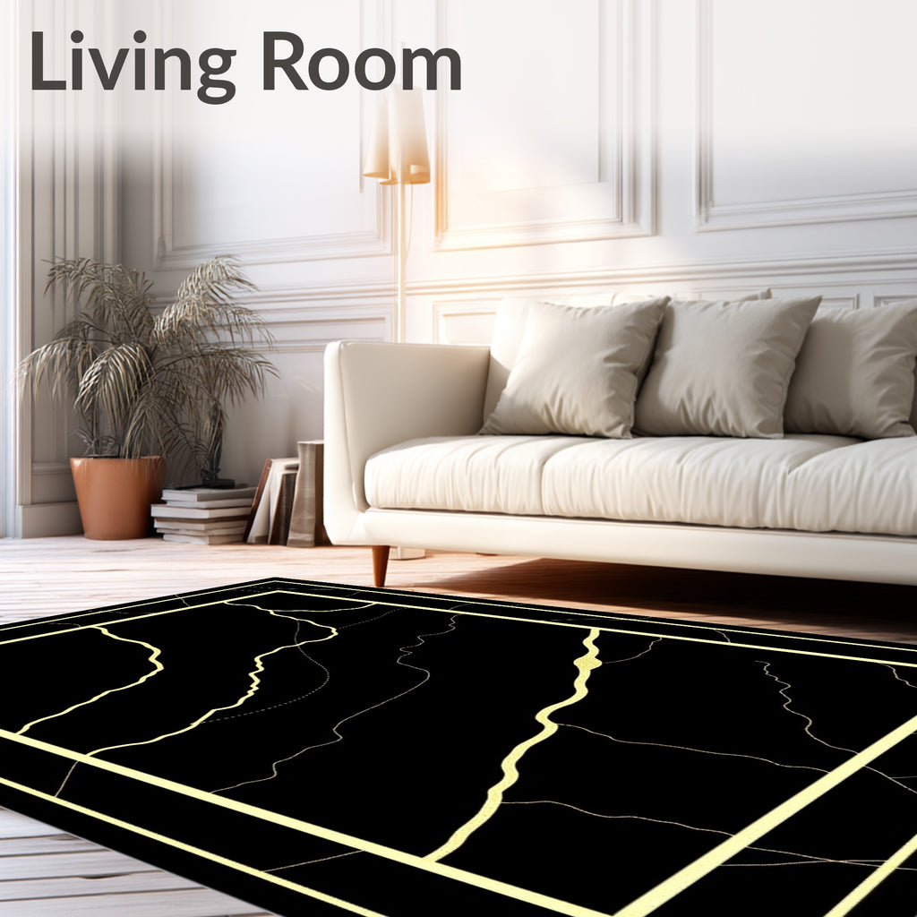 Golden Veined Black Marble Border Rug