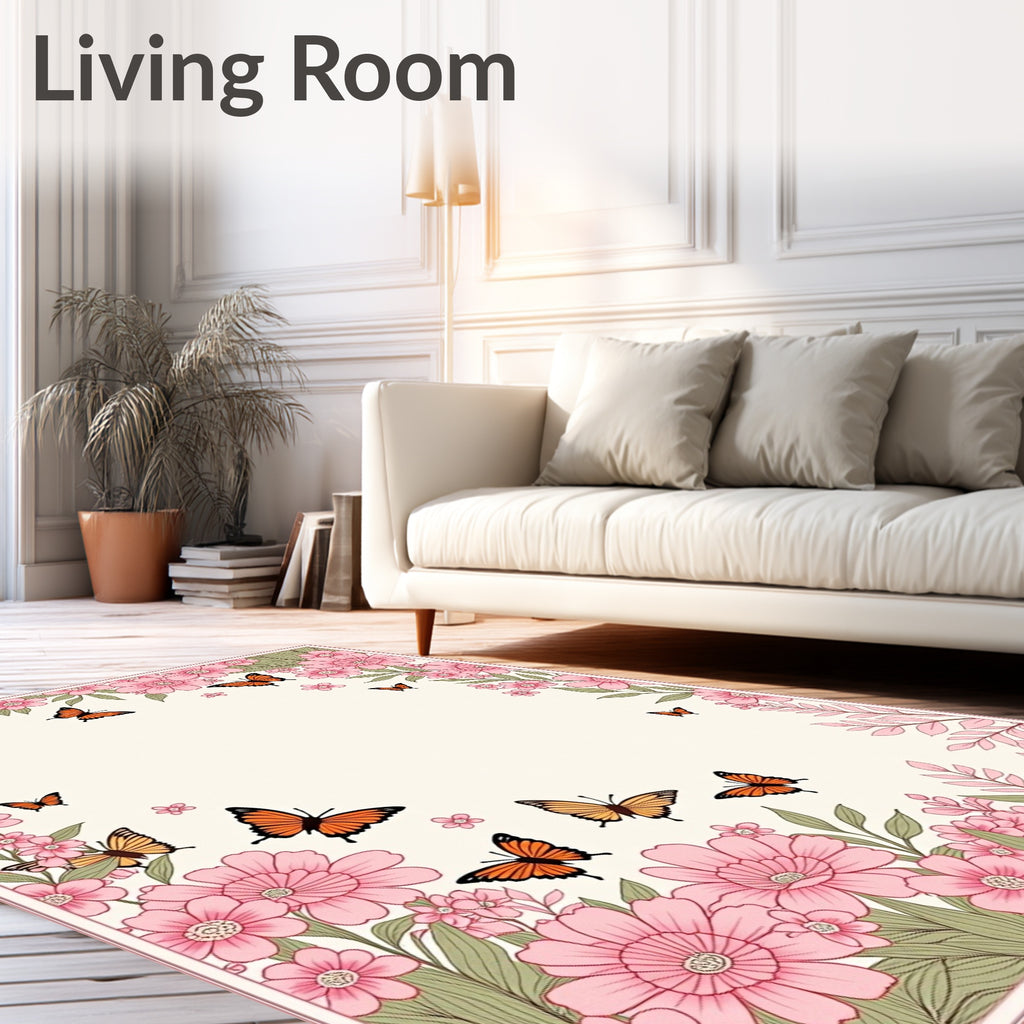 Whimsical Pink Floral Butterfly Meadow Rug