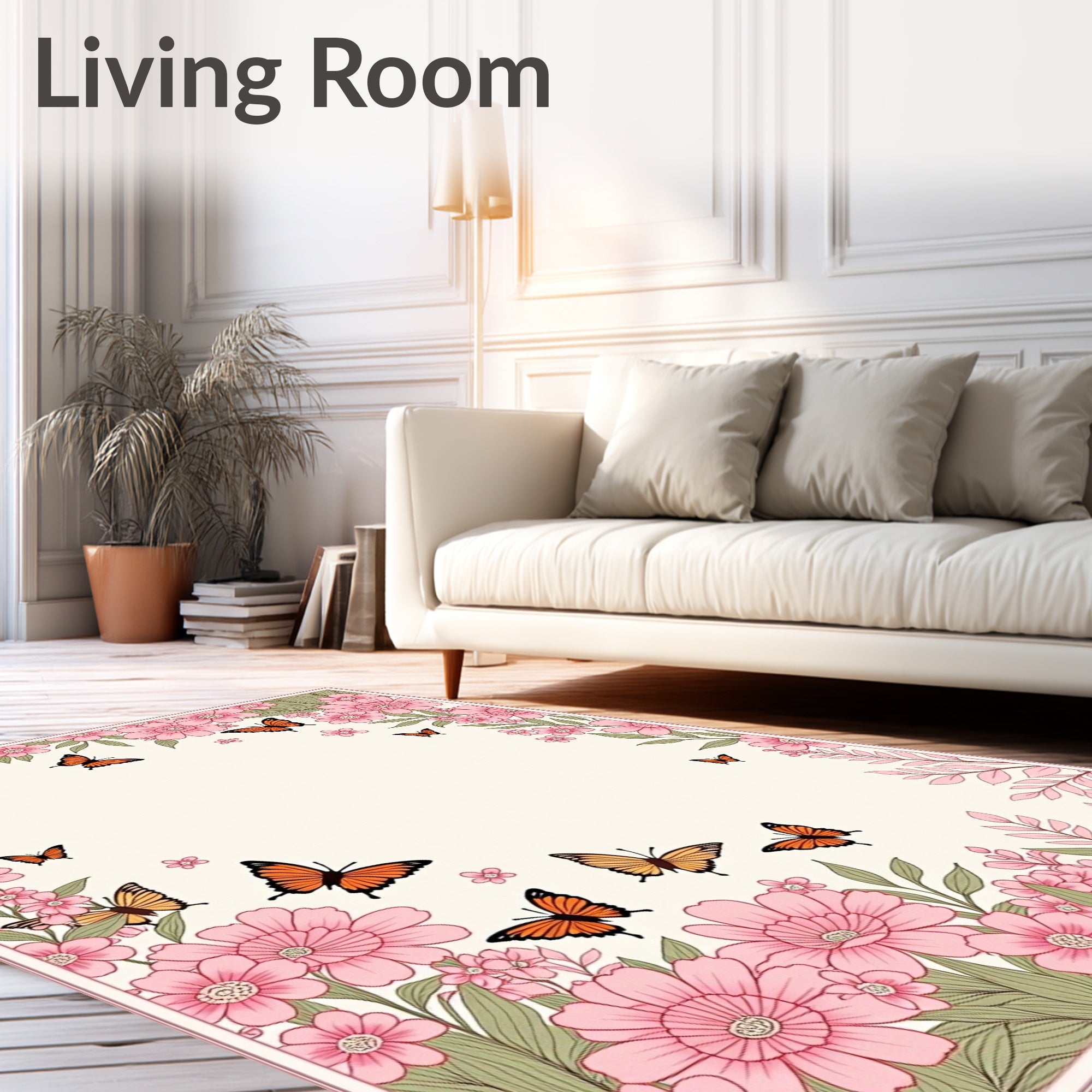Whimsical Pink Floral Butterfly Meadow Rug