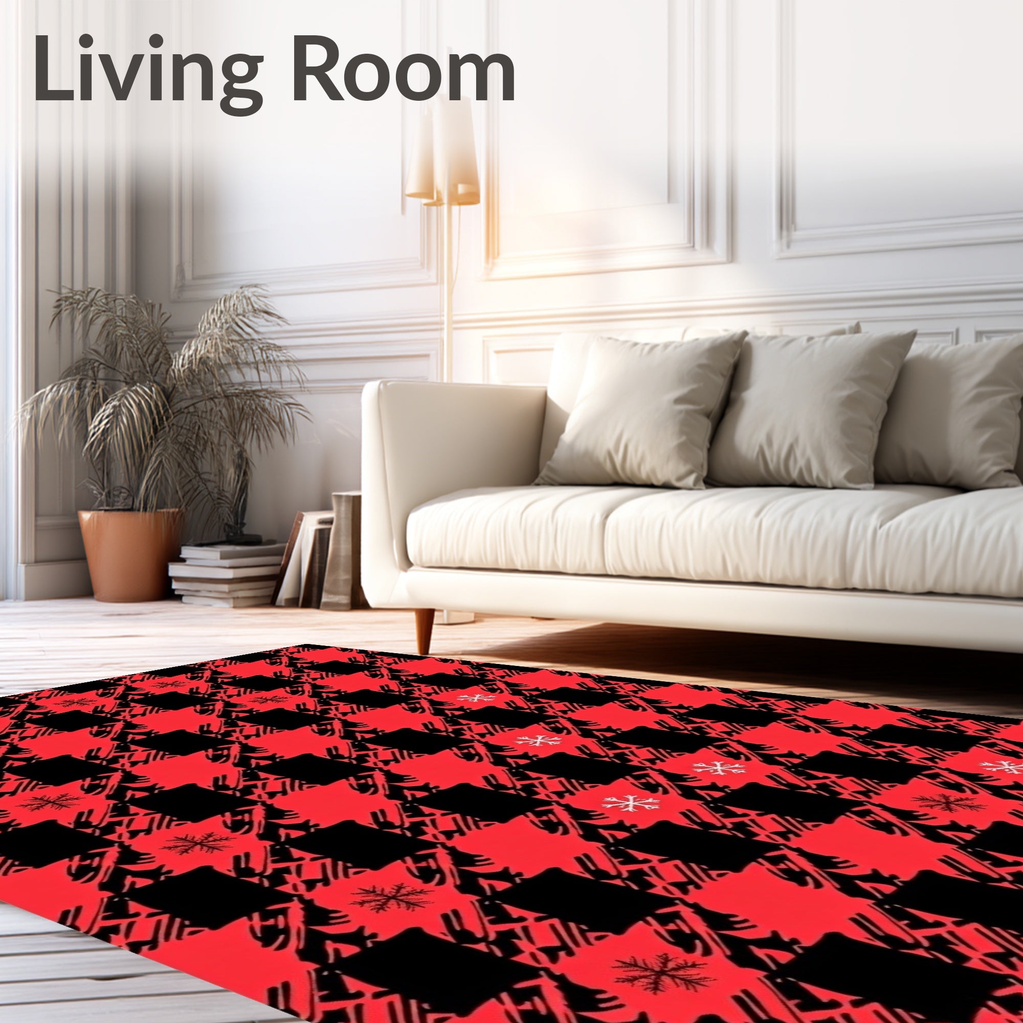 Red Black Plaid Snowflakes Rug