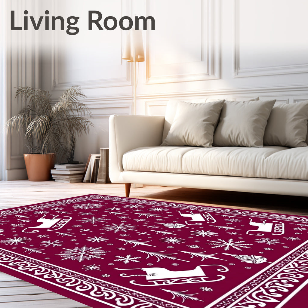 Crimson White Winter Sleigh Forest Rug