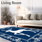 Majestic White Deer Blue Floral Border Rug