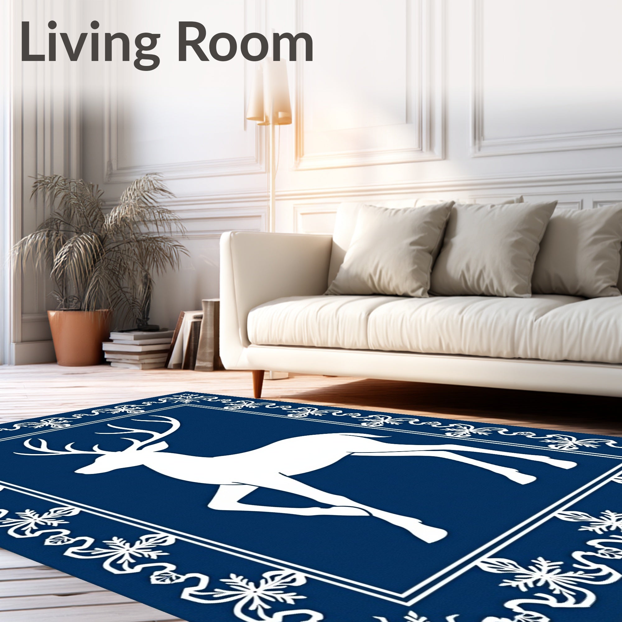 Majestic White Deer Blue Floral Border Rug