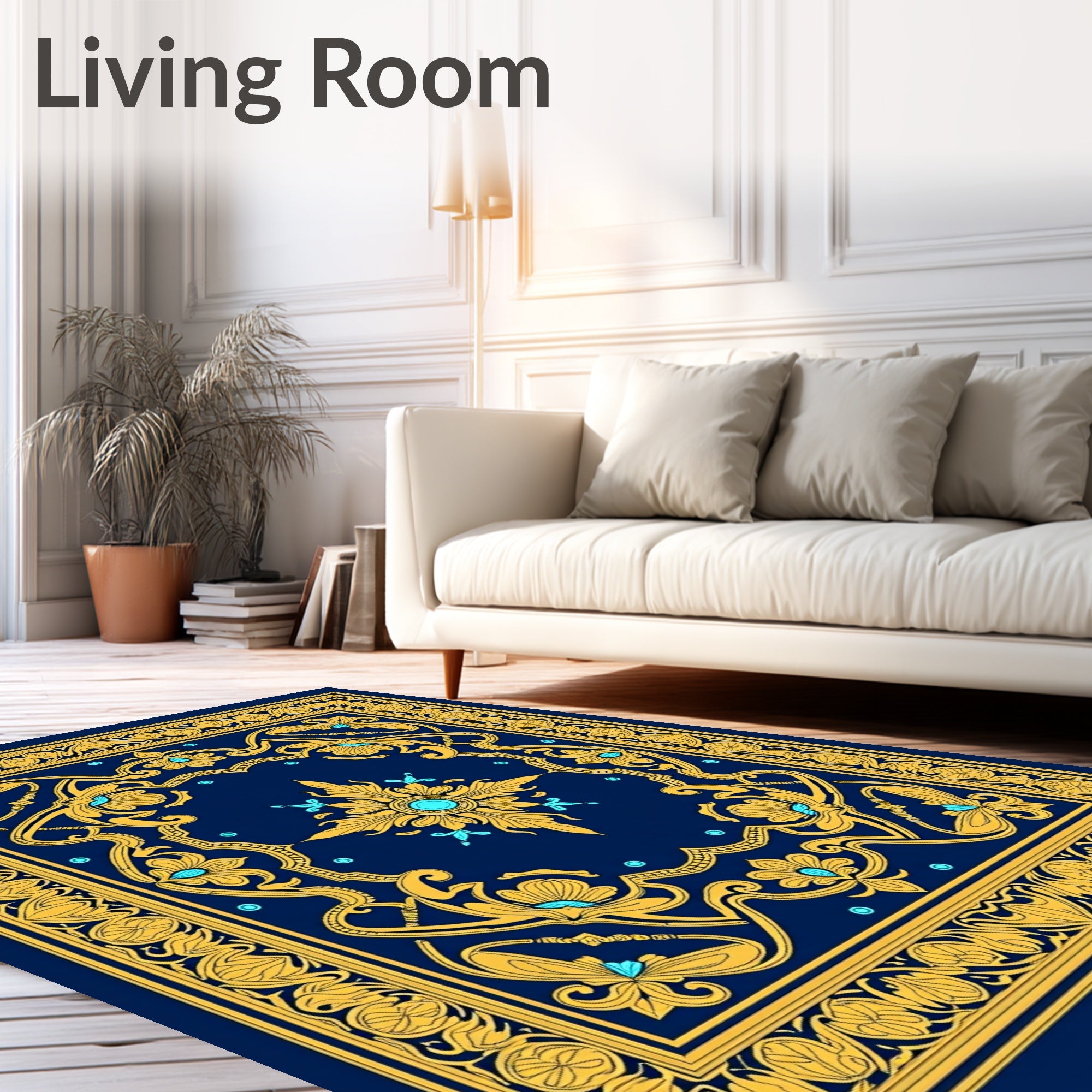Royal Blue Golden Floral Medallion Rug