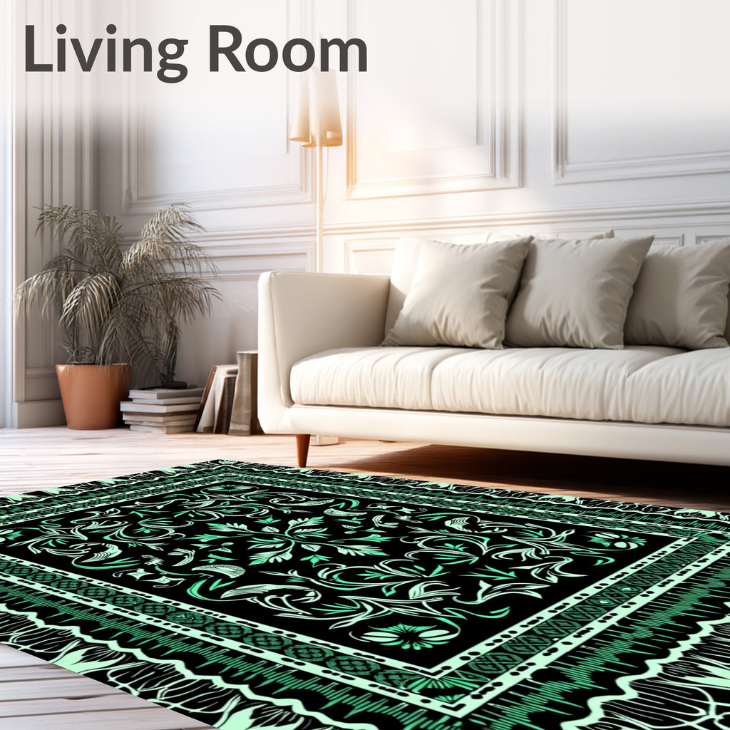 Emerald Black Floral Border Rug