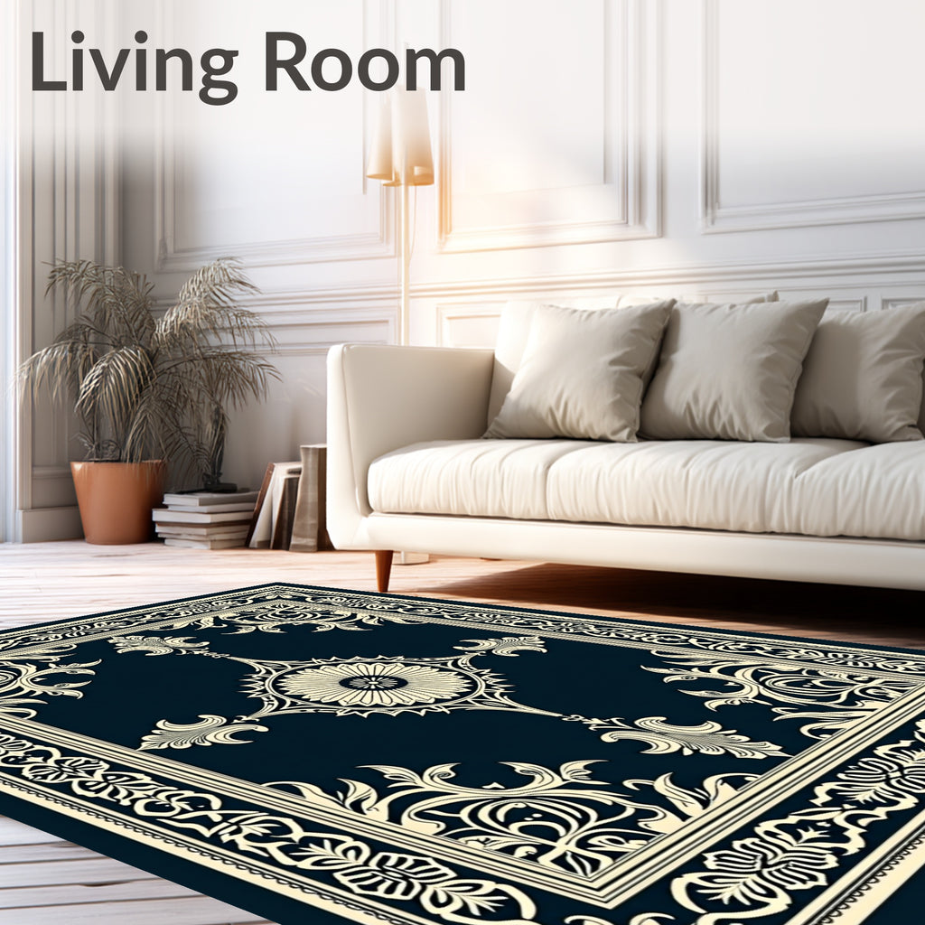 Deep Navy Cream Ornamental Medallion Border Rug