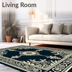 Deep Navy Cream Ornamental Medallion Border Rug