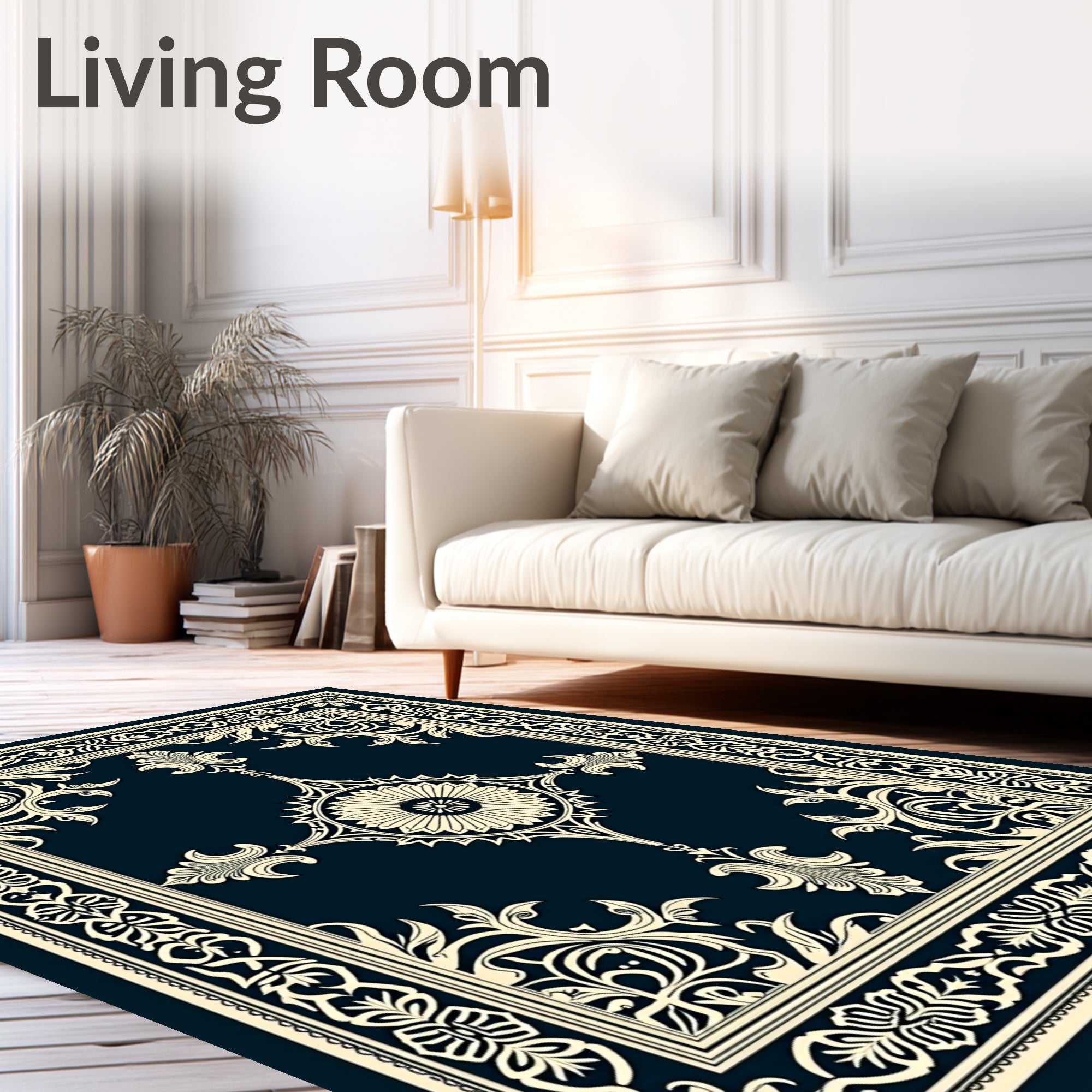 Deep Navy Cream Ornamental Medallion Border Rug