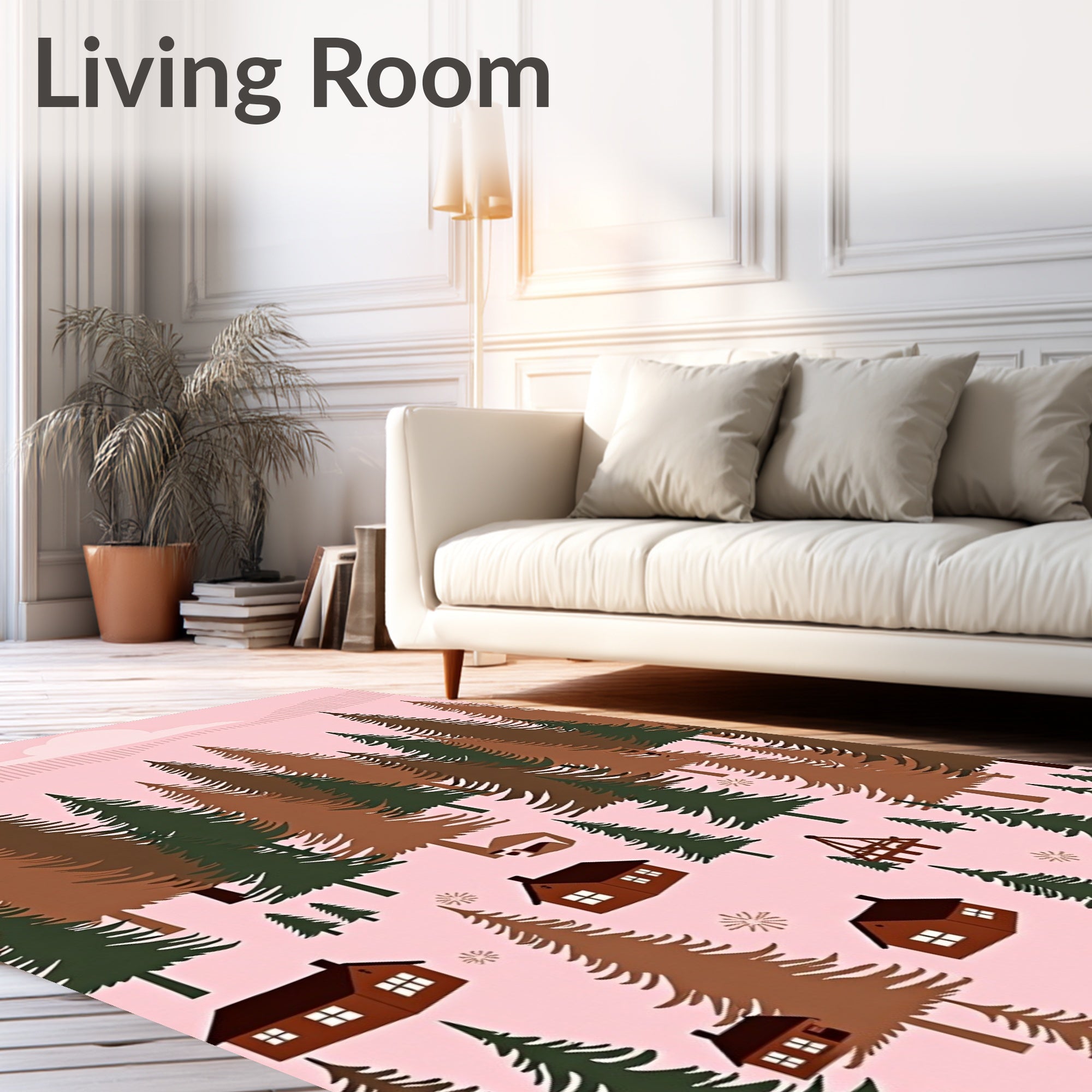 Charming Pink Forest Cabin Landscape Rug