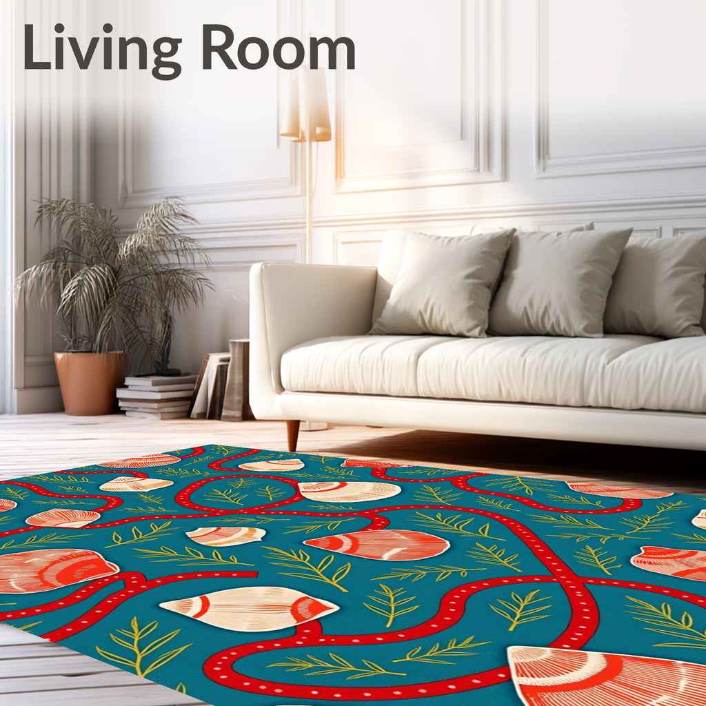 Teal Red Shell Foliage Medallion Rug