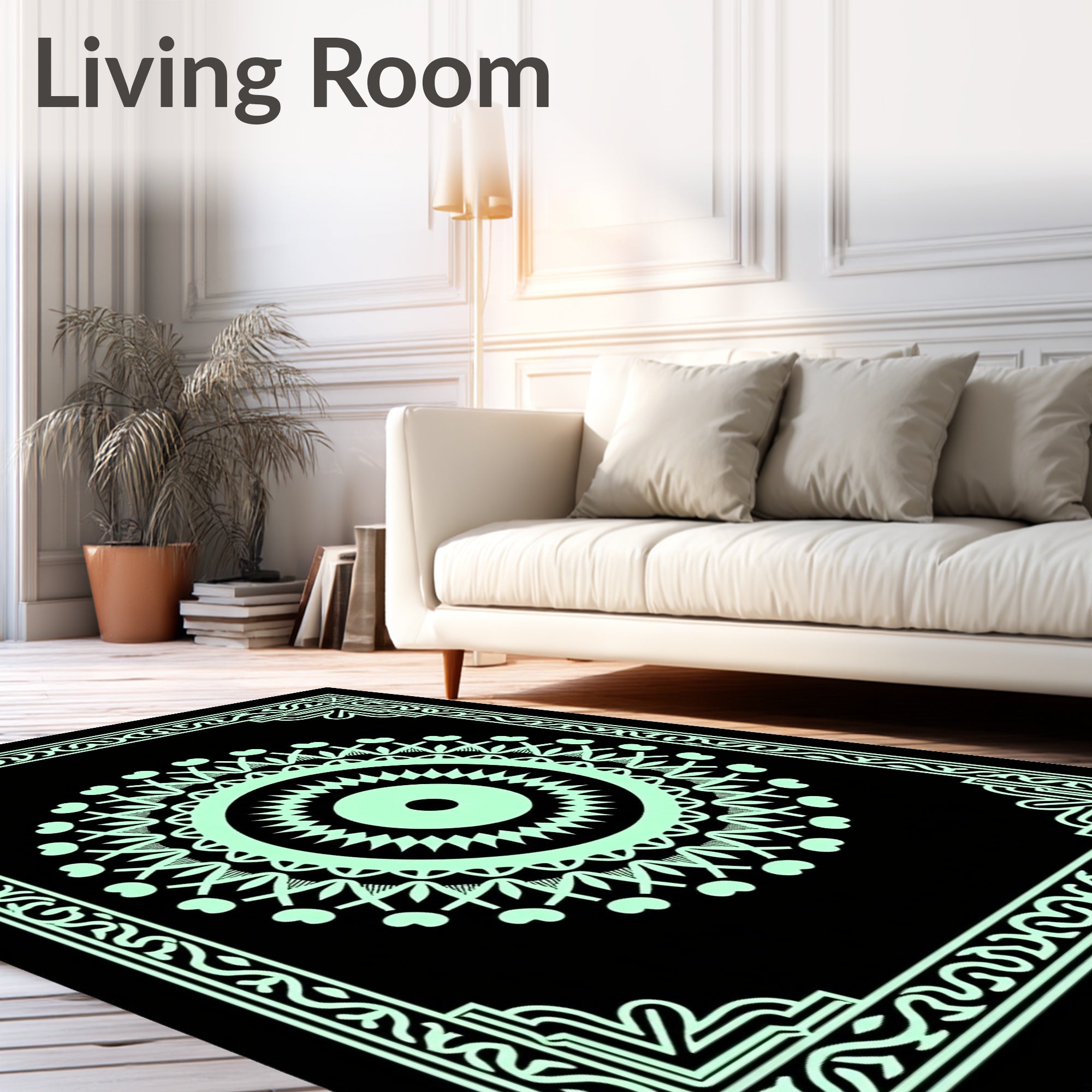 Mint Green Ornate Mandala Border Rug