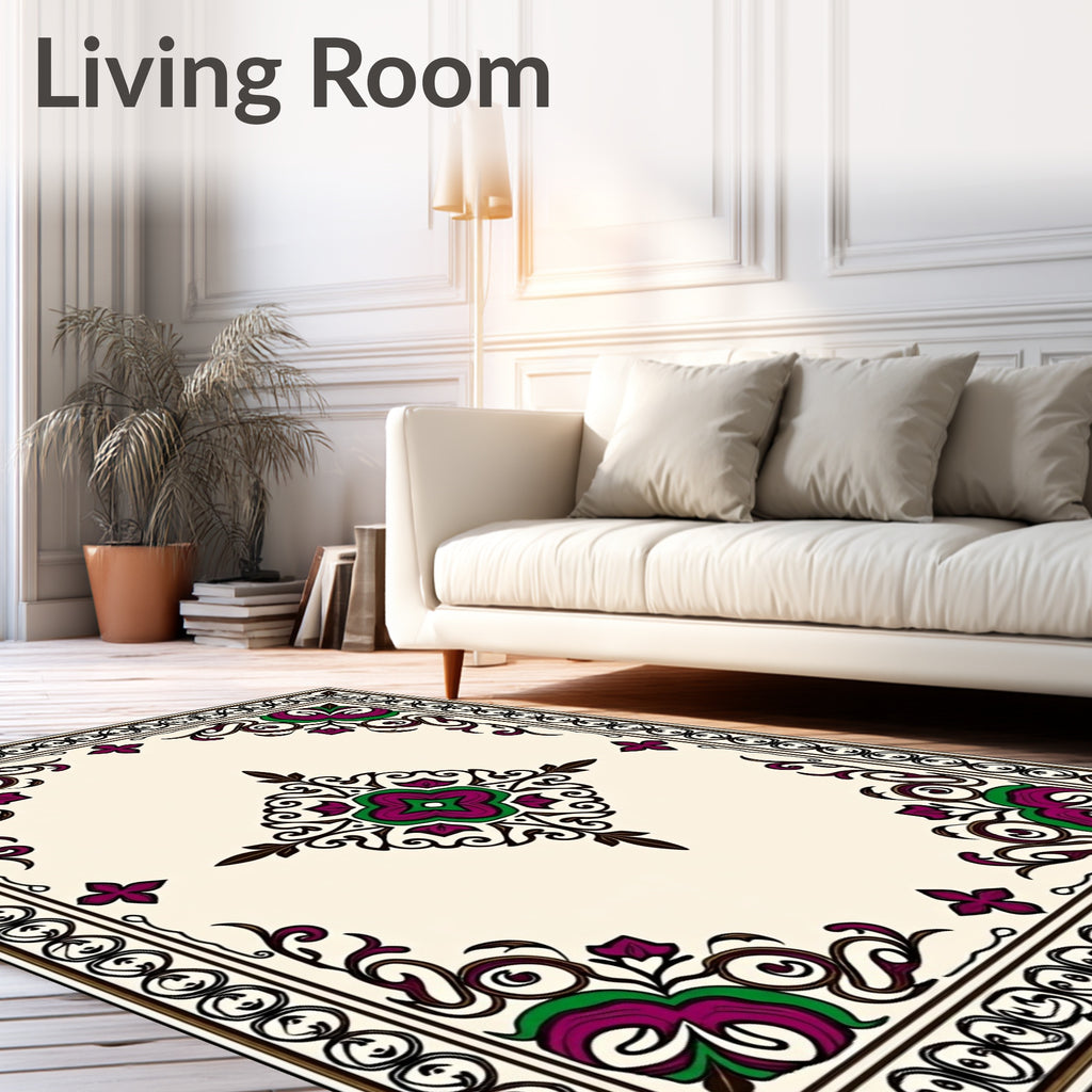 Vibrant Plum Green Floral Medallion Border Rug
