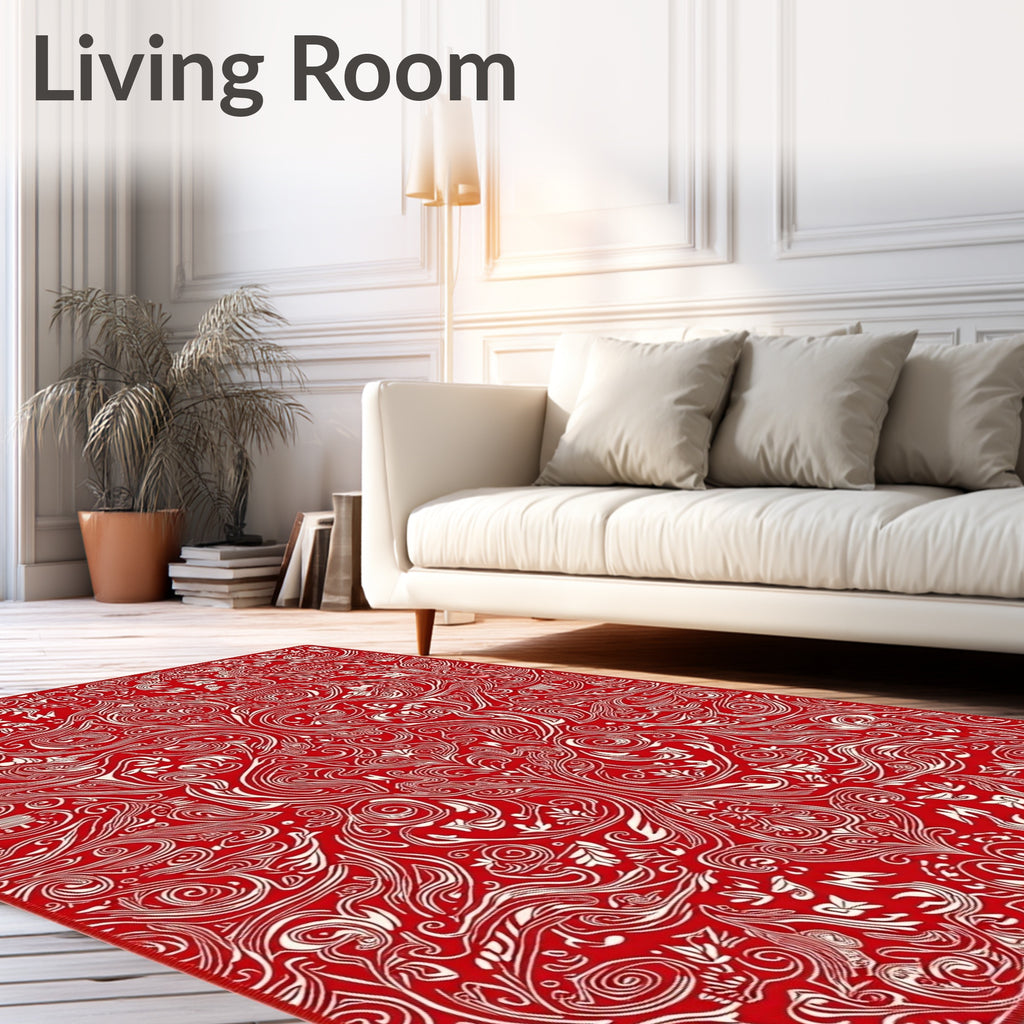 Crimson White Ornate Scrollwork Rug