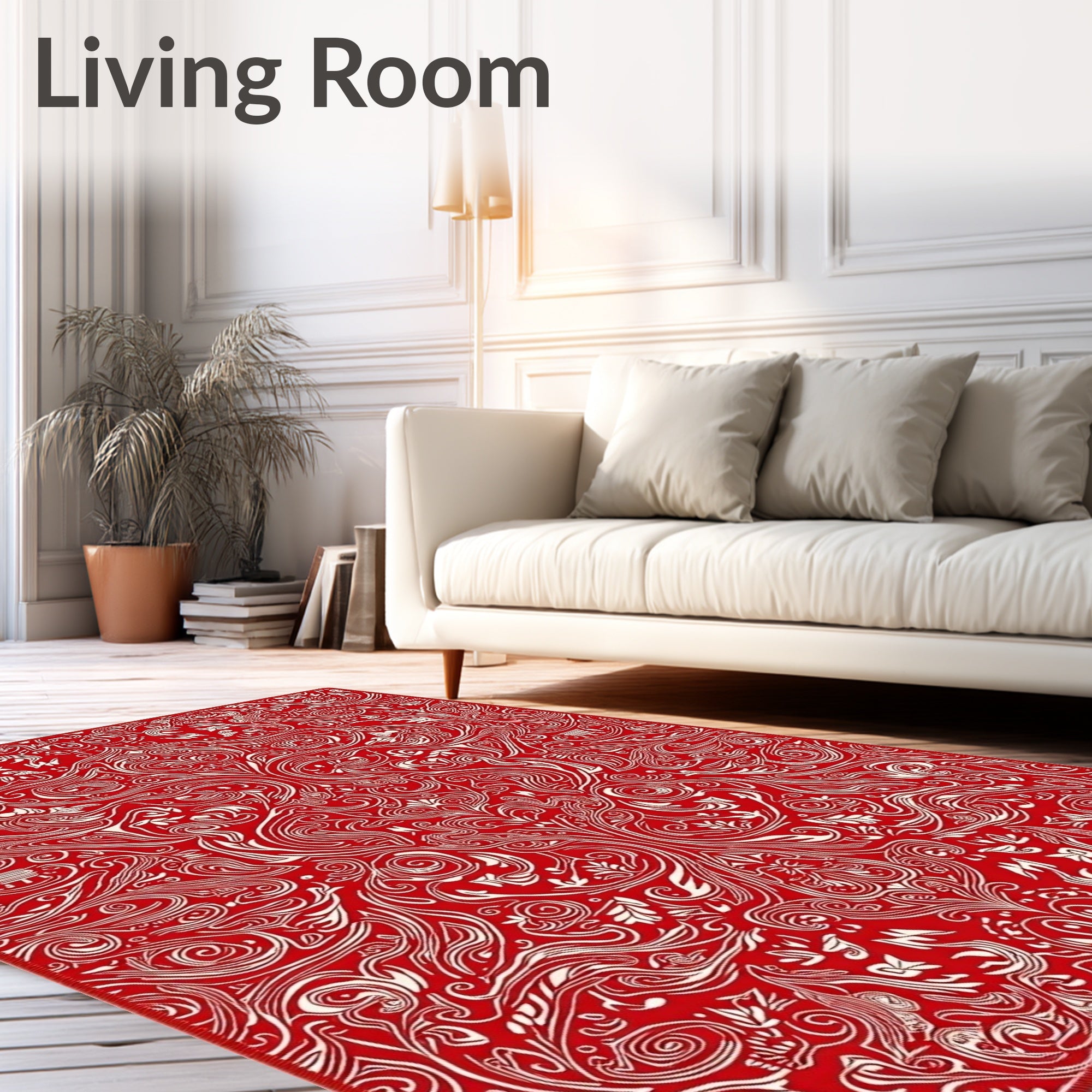 Crimson White Ornate Scrollwork Rug