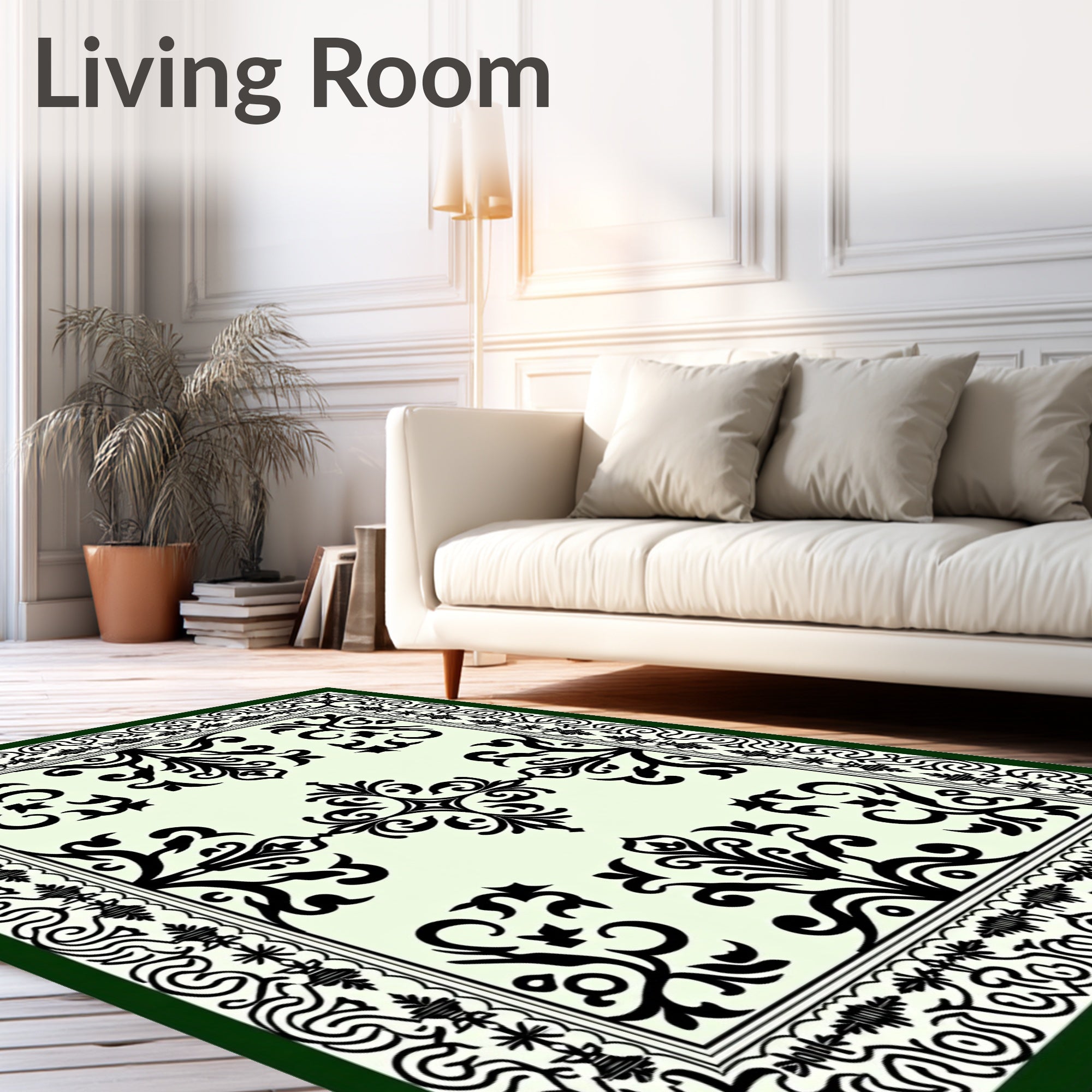 Black Elegant Floral Scroll Border Rug