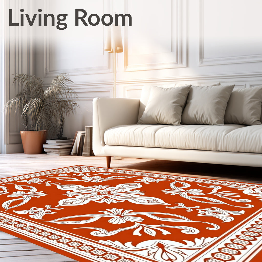 Terracotta White Floral Scroll Medallion Rug
