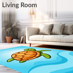 Cute Green Turtle Orange Shell Ocean Waves Rug