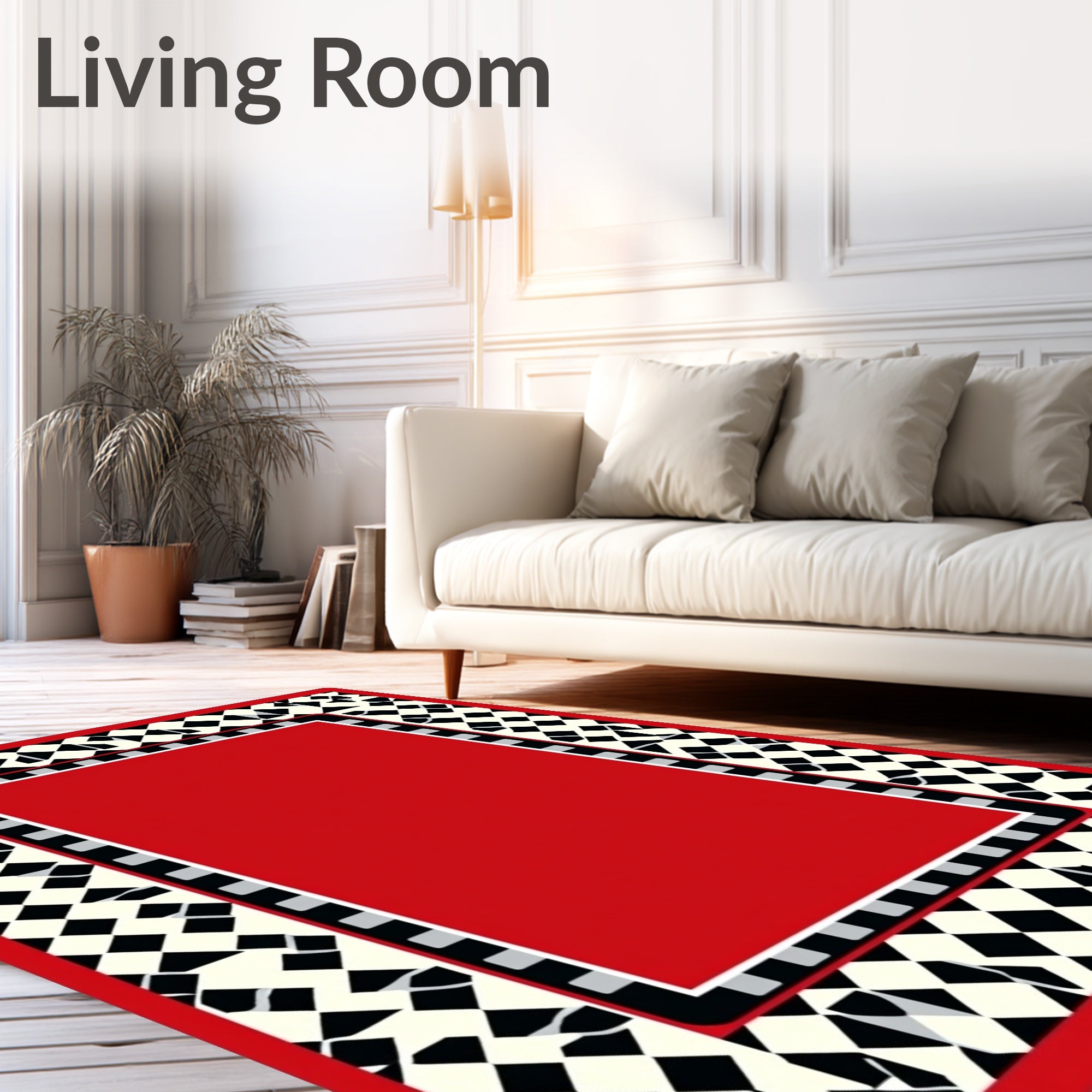 Bold Red Black White Checkerboard Border Rug