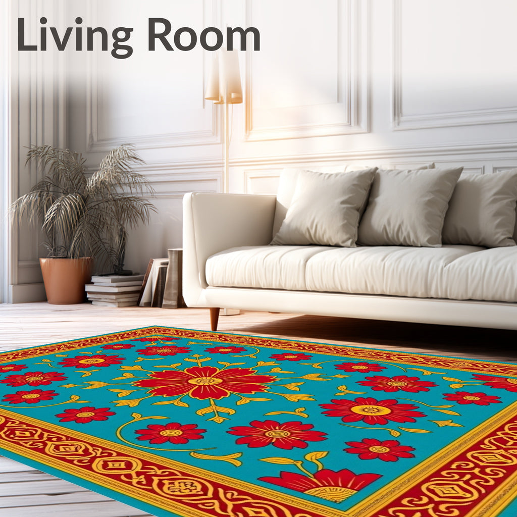 Vibrant Red Golden Floral Border Rug