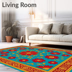 Vibrant Red Golden Floral Border Rug